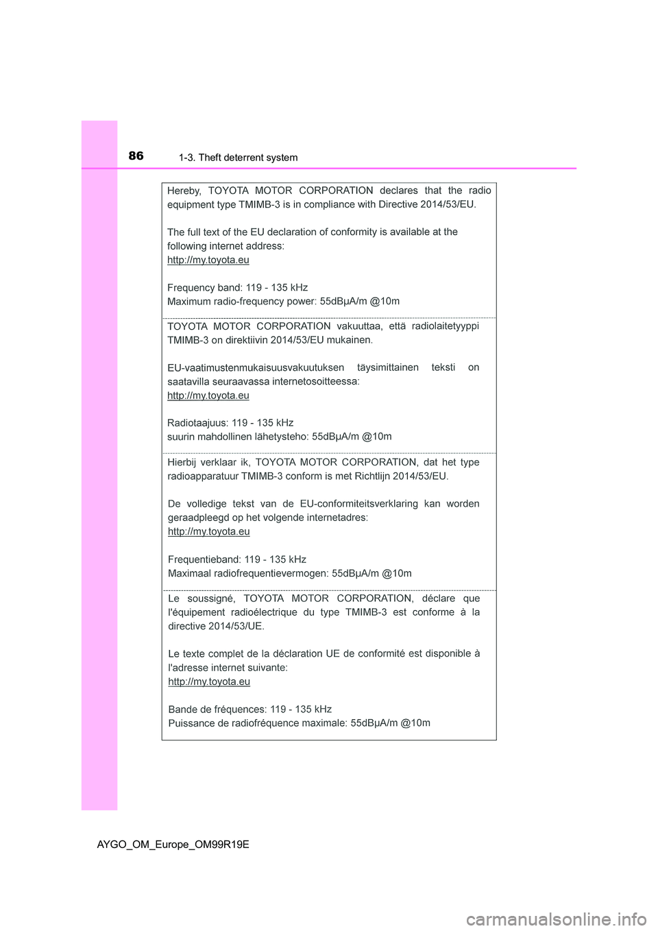 TOYOTA AYGO 2019 (in English) Manual Online 861-3. Theft deterrent system
AYGO_OM_Europe_OM99R19E TOYOTA AYGO 2019 (in English) Manual Online 861-3. Theft deterrent system
AYGO_OM_Europe_OM99R19E