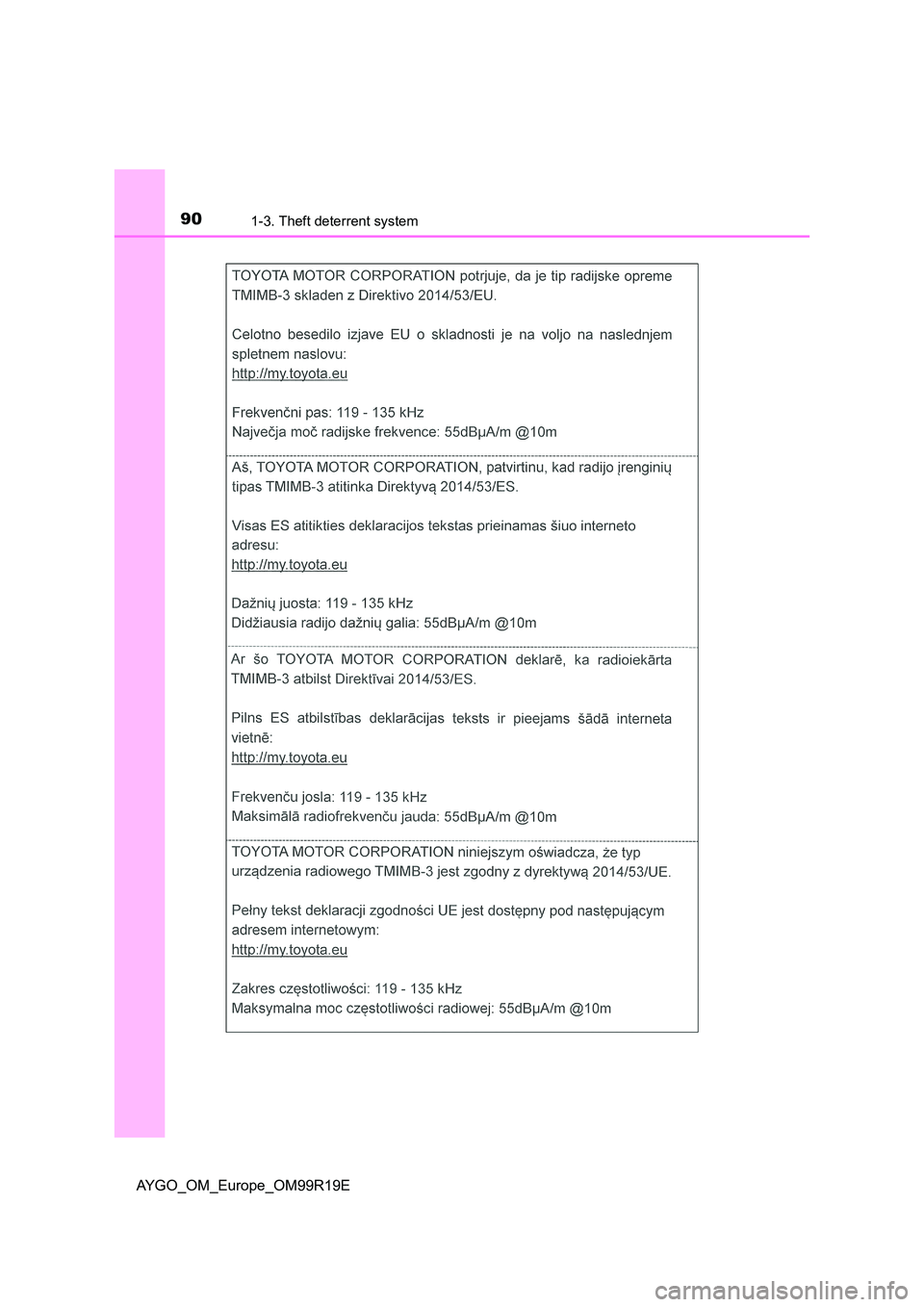 TOYOTA AYGO 2019 (in English) Manual Online 901-3. Theft deterrent system
AYGO_OM_Europe_OM99R19E TOYOTA AYGO 2019 (in English) Manual Online 901-3. Theft deterrent system
AYGO_OM_Europe_OM99R19E
