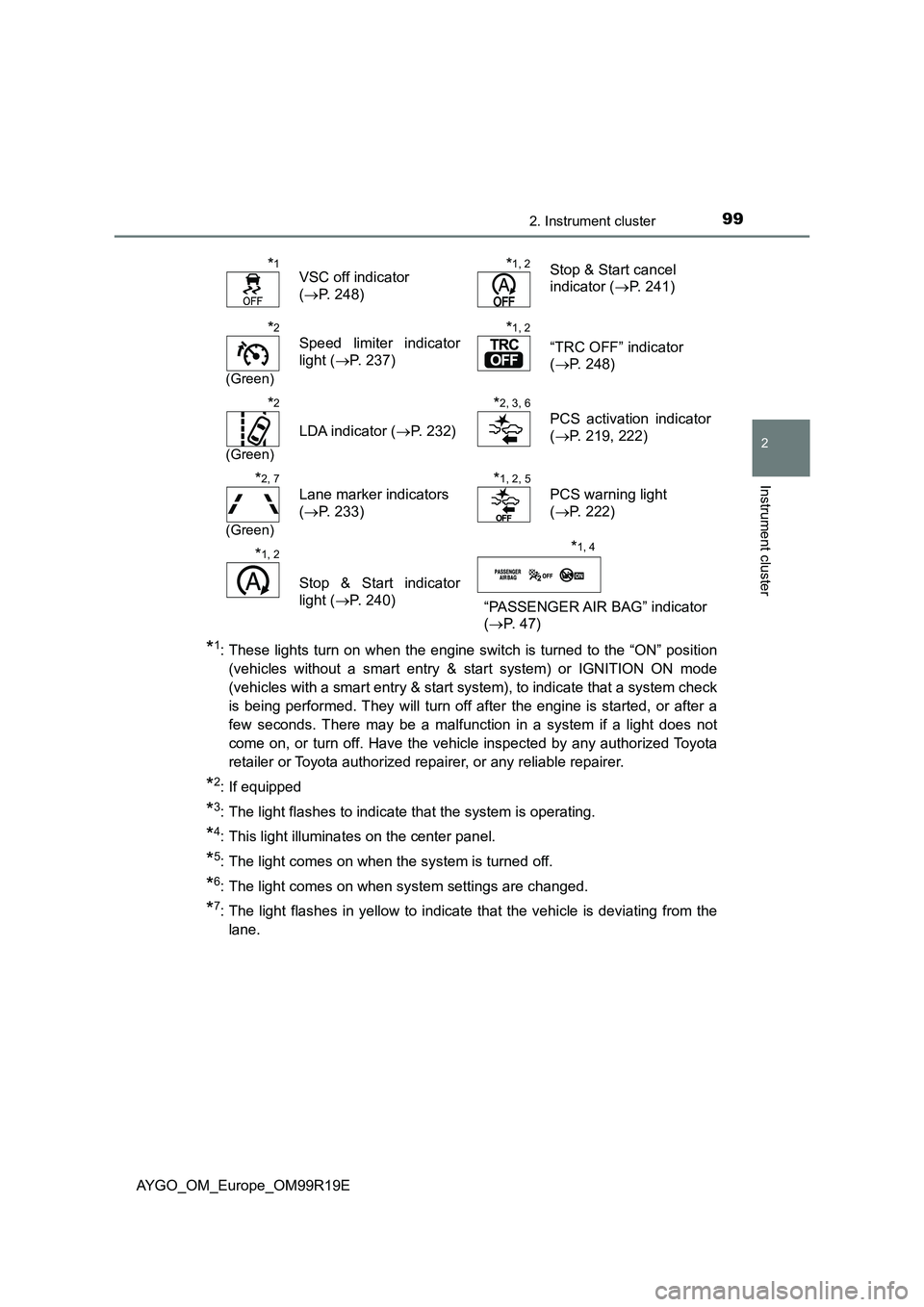 TOYOTA AYGO 2019  Owners Manual (in English) 992. Instrument cluster
2
Instrument cluster
AYGO_OM_Europe_OM99R19E
*1: These lights turn on when the engine switch is turned to the “ON” position(vehicles without a smart entry & start system) o