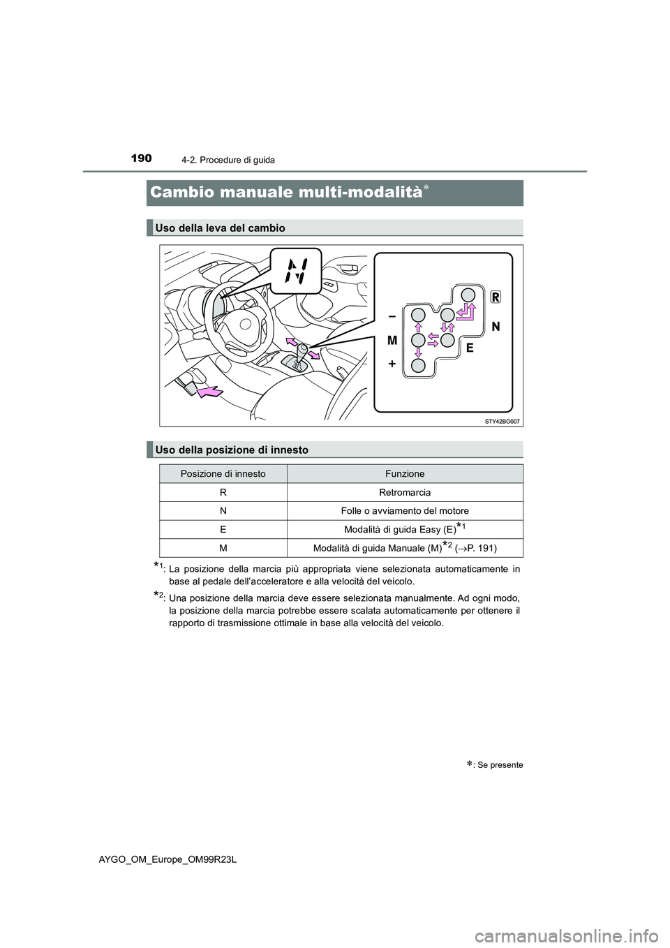 TOYOTA AYGO 2019  Manuale duso (in Italian) 1904-2. Procedure di guida
AYGO_OM_Europe_OM99R23L
Cambio manuale multi-modalità
*1: La posizione della marcia più appropriata viene selezionata automaticamente in 
base al pedale dell’accelera