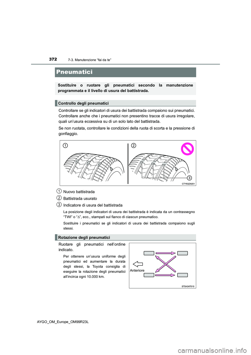 TOYOTA AYGO 2019  Manuale duso (in Italian) 3727-3. Manutenzione “fai da te”
AYGO_OM_Europe_OM99R23L
Pneumatici
Controllare se gli indicatori di usura dei battistrada compaiono sui pneumatici. 
Controllare anche che i pneumatici non pres en