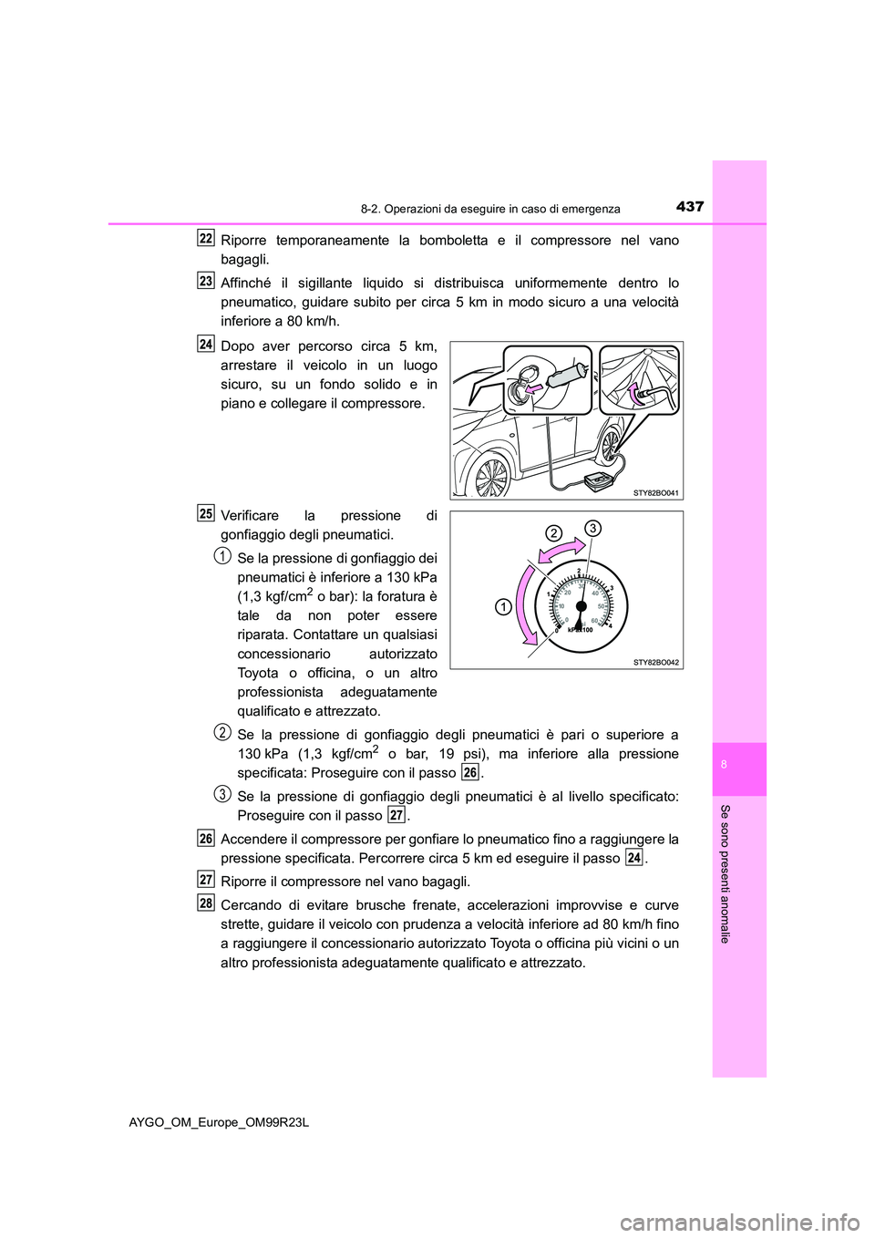 TOYOTA AYGO 2019  Manuale duso (in Italian) 4378-2. Operazioni da eseguire in caso di emergenza
8
Se sono presenti anomalie
AYGO_OM_Europe_OM99R23L
Riporre temporaneamente la bomboletta e il compressore nel vano 
bagagli. 
Affinché il sigillan