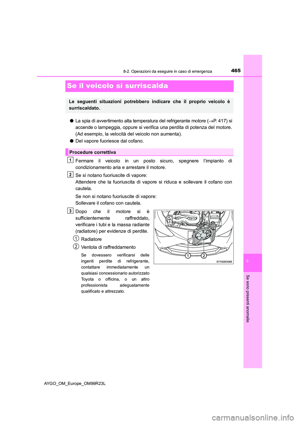 TOYOTA AYGO 2019  Manuale duso (in Italian) 4658-2. Operazioni da eseguire in caso di emergenza
8
Se sono presenti anomalie
AYGO_OM_Europe_OM99R23L
Se il veicolo si surriscalda
●La spia di avvertimento alta temperatura del refrigerante motore TOYOTA AYGO 2019  Manuale duso (in Italian) 4658-2. Operazioni da eseguire in caso di emergenza
8
Se sono presenti anomalie
AYGO_OM_Europe_OM99R23L
Se il veicolo si surriscalda
●La spia di avvertimento alta temperatura del refrigerante motore