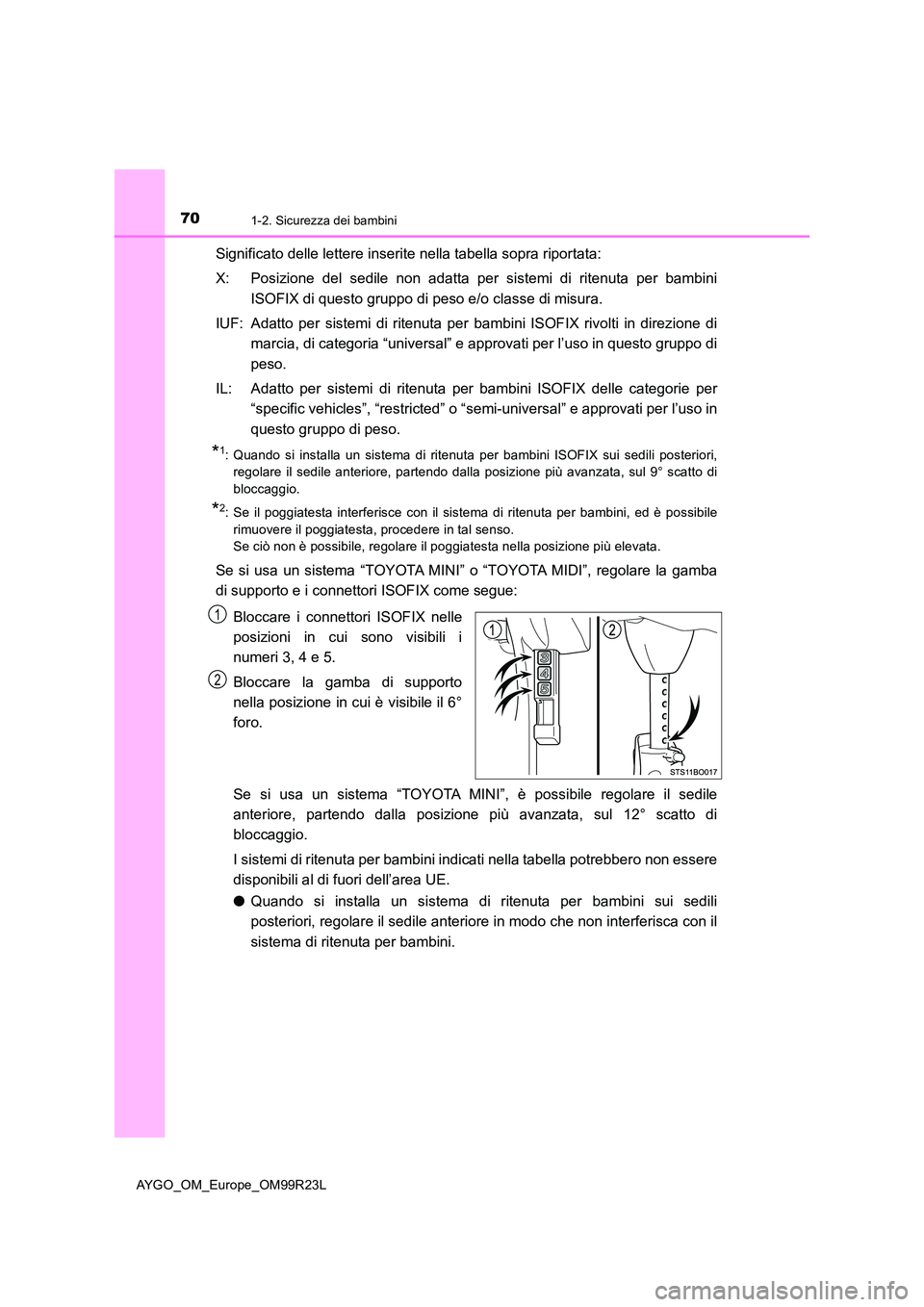 TOYOTA AYGO 2019  Manuale duso (in Italian) 701-2. Sicurezza dei bambini
AYGO_OM_Europe_OM99R23L
Significato delle lettere inserite nella tabella sopra riportata: 
X: Posizione del sedile non adatta per sistemi di ritenuta per bambini 
ISOFIX d