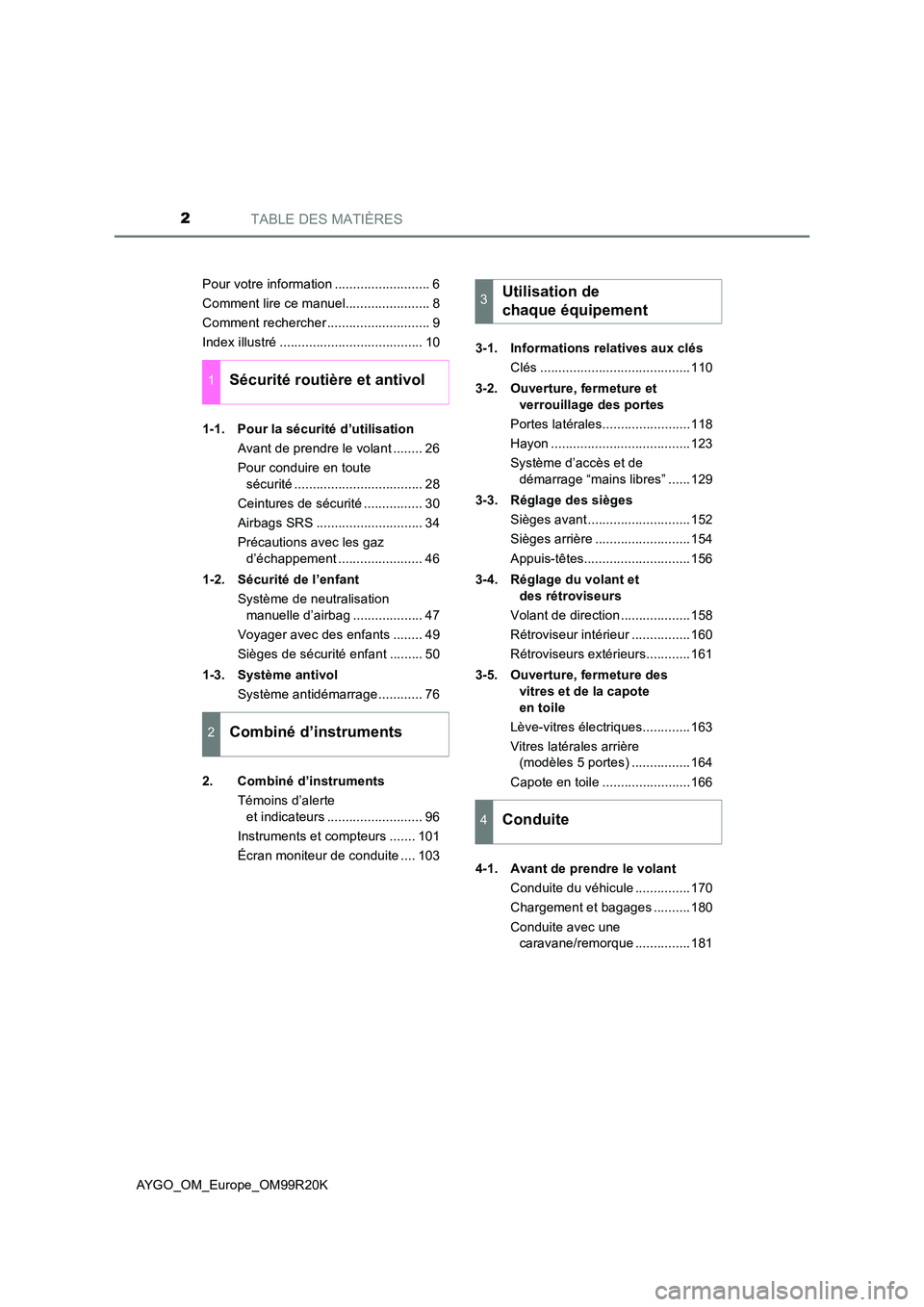 TOYOTA AYGO 2019  Notices Demploi (in French) TABLE DES MATIÈRES2
AYGO_OM_Europe_OM99R20K 
Pour votre information .......................... 6 
Comment lire ce manuel....................... 8
Comment rechercher ............................ 9
Ind