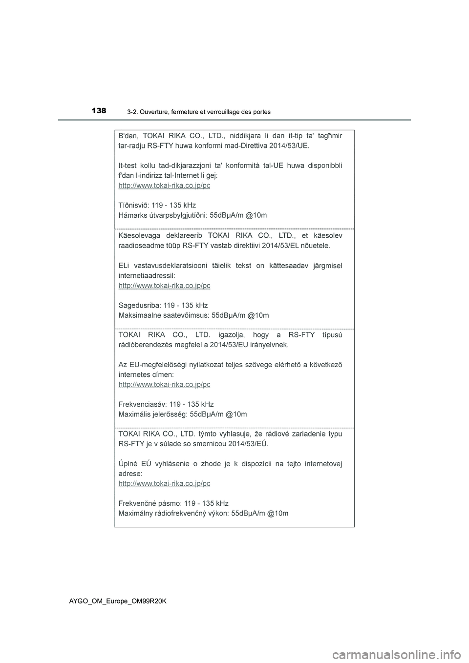 TOYOTA AYGO 2019  Notices Demploi (in French) 1383-2. Ouverture, fermeture et verrouillage des portes
AYGO_OM_Europe_OM99R20K 
