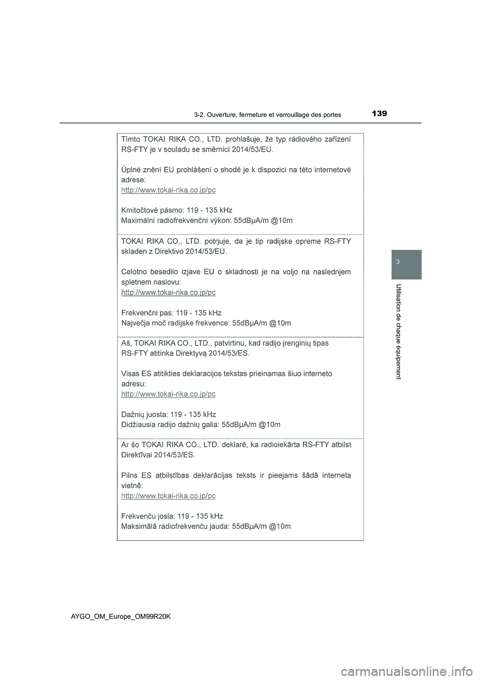 TOYOTA AYGO 2019  Notices Demploi (in French) 1393-2. Ouverture, fermeture et verrouillage des portes
3
Utilisation de chaque équipement
AYGO_OM_Europe_OM99R20K 
