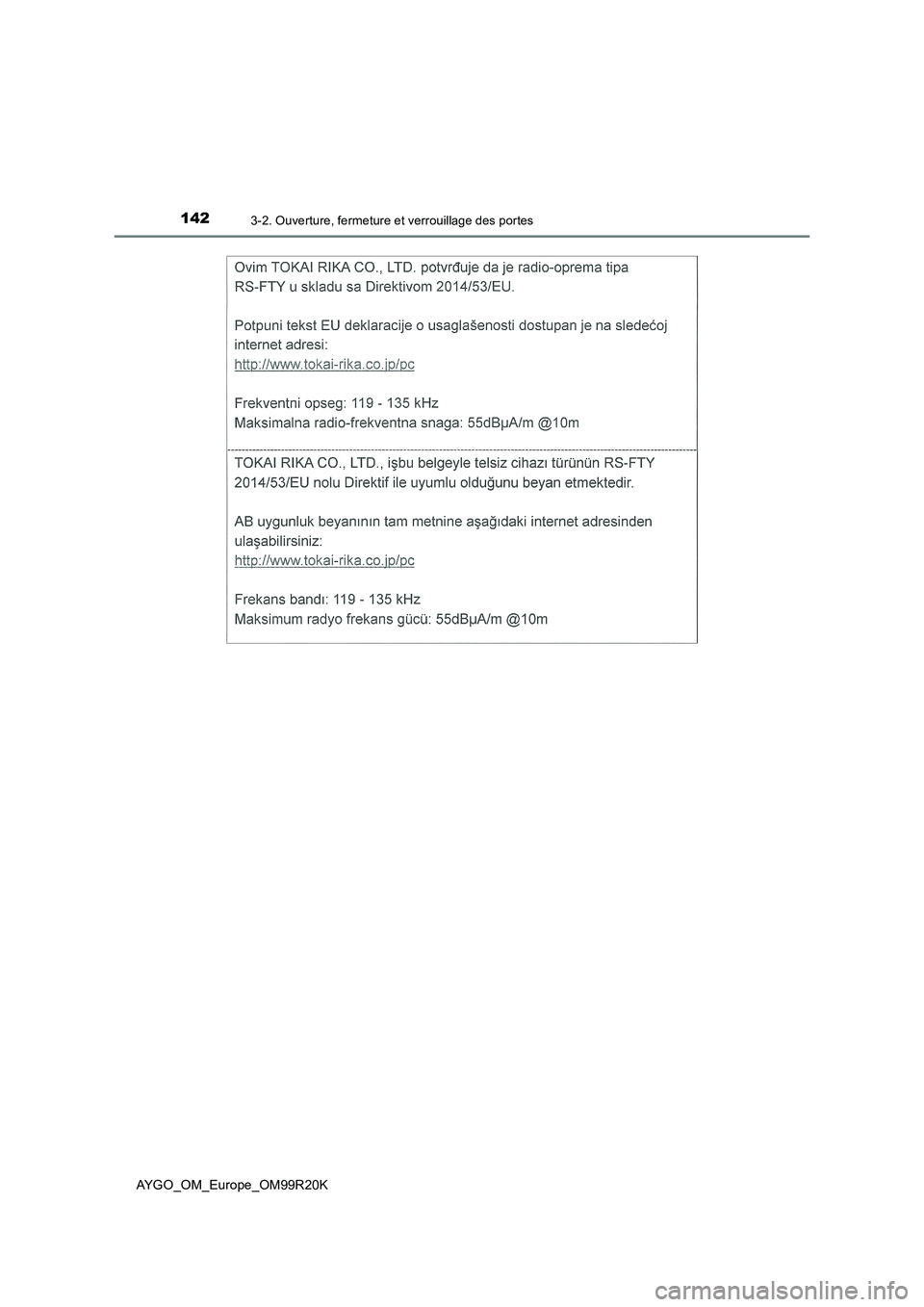 TOYOTA AYGO 2019  Notices Demploi (in French) 1423-2. Ouverture, fermeture et verrouillage des portes
AYGO_OM_Europe_OM99R20K 