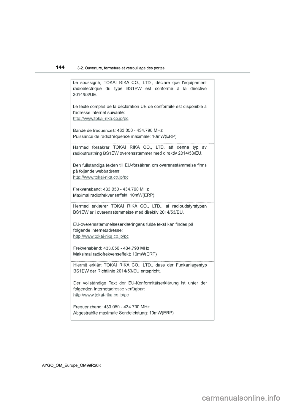 TOYOTA AYGO 2019  Notices Demploi (in French) 1443-2. Ouverture, fermeture et verrouillage des portes
AYGO_OM_Europe_OM99R20K 