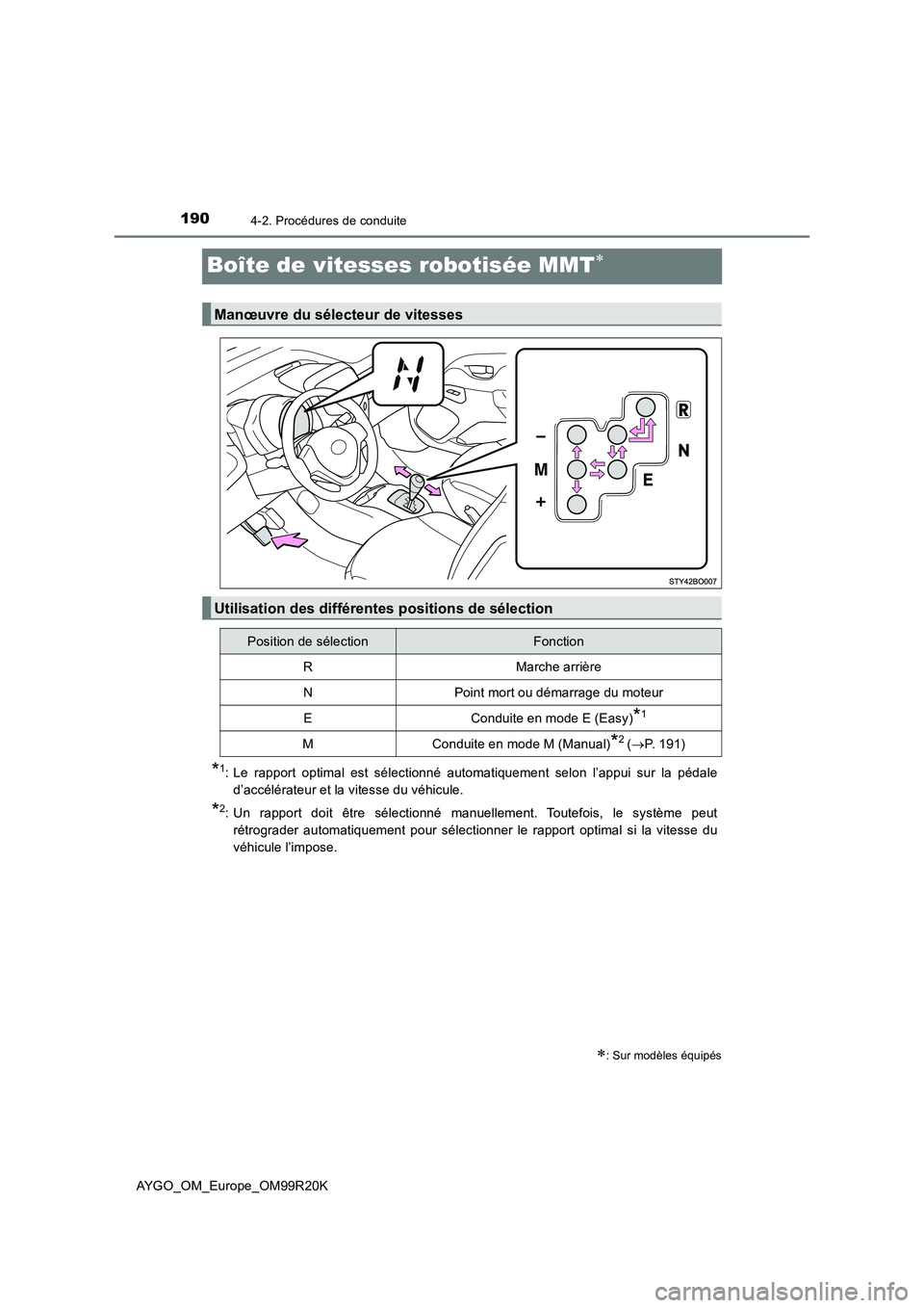 TOYOTA AYGO 2019  Notices Demploi (in French) 1904-2. Procédures de conduite
AYGO_OM_Europe_OM99R20K
Boîte de vitesses robotisée MMT
*1: Le rapport optimal est sélectionné automatiquement selon l’appui sur la pédale 
d’accélérateur