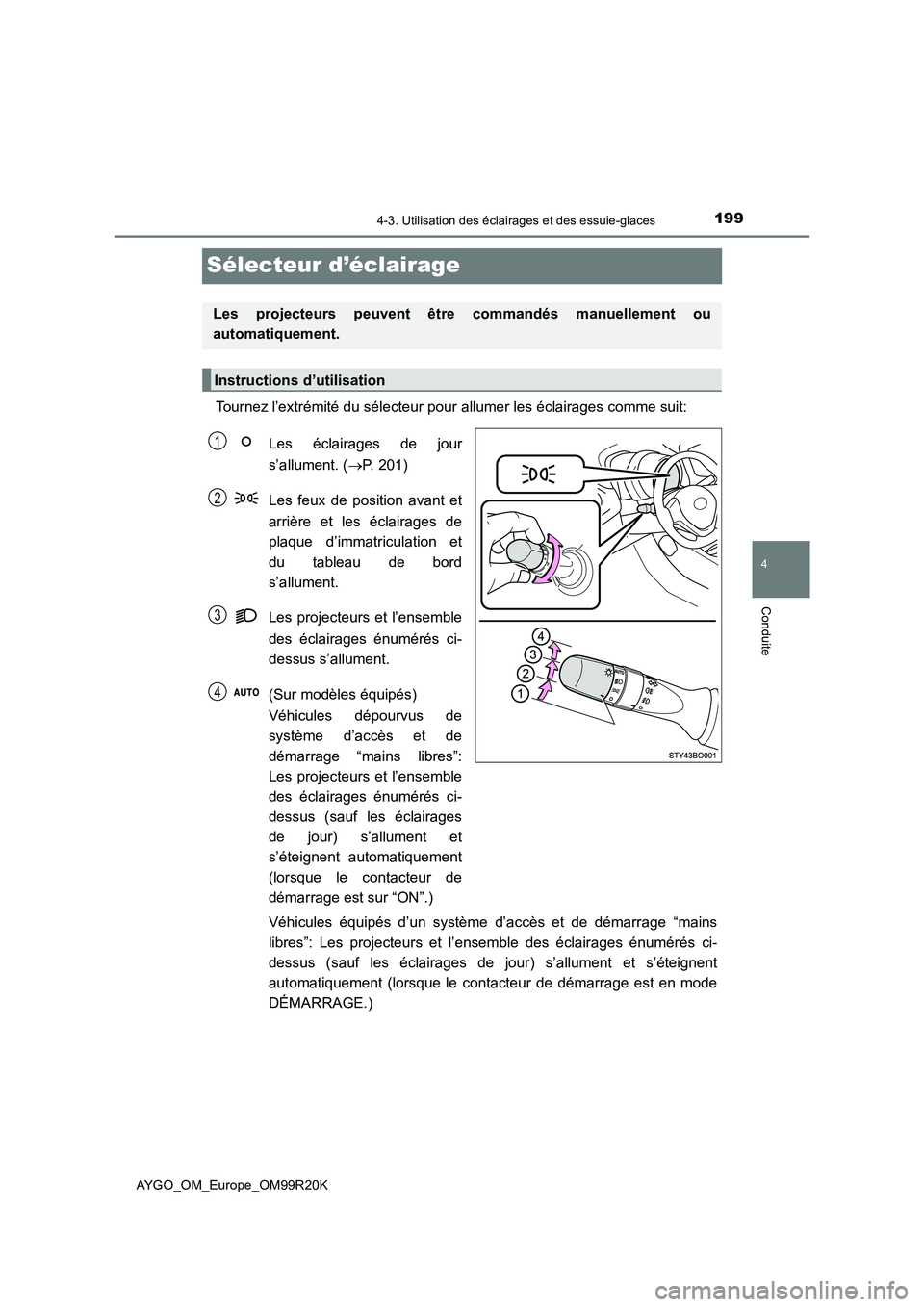 TOYOTA AYGO 2019  Notices Demploi (in French) 199
4
4-3. Utilisation des éclairages et des essuie-glaces
Conduite
AYGO_OM_Europe_OM99R20K
Sélecteur d’éclairage
Tournez l’extrémité du sélecteur pour allumer les éclairages comme suit: 
L