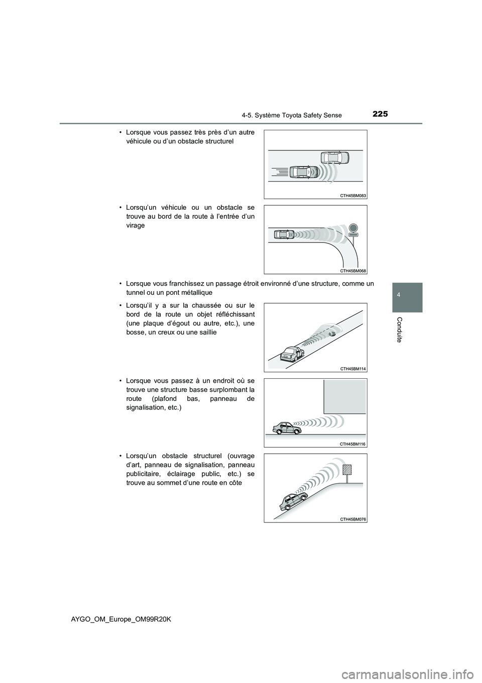 TOYOTA AYGO 2019  Notices Demploi (in French) 2254-5. Système Toyota Safety Sense
4
Conduite
AYGO_OM_Europe_OM99R20K 
• Lorsque vous franchissez un passage étroit environné d’une structure, comme un 
tunnel ou un pont métallique 
• Lors
