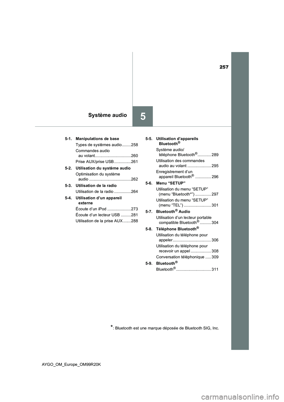 TOYOTA AYGO 2019  Notices Demploi (in French) 257
5Système audio
AYGO_OM_Europe_OM99R20K 
5-1. Manipulations de base 
Types de systèmes audio ........258 
Commandes audio  
au volant................................260 
Prise AUX/prise USB .....