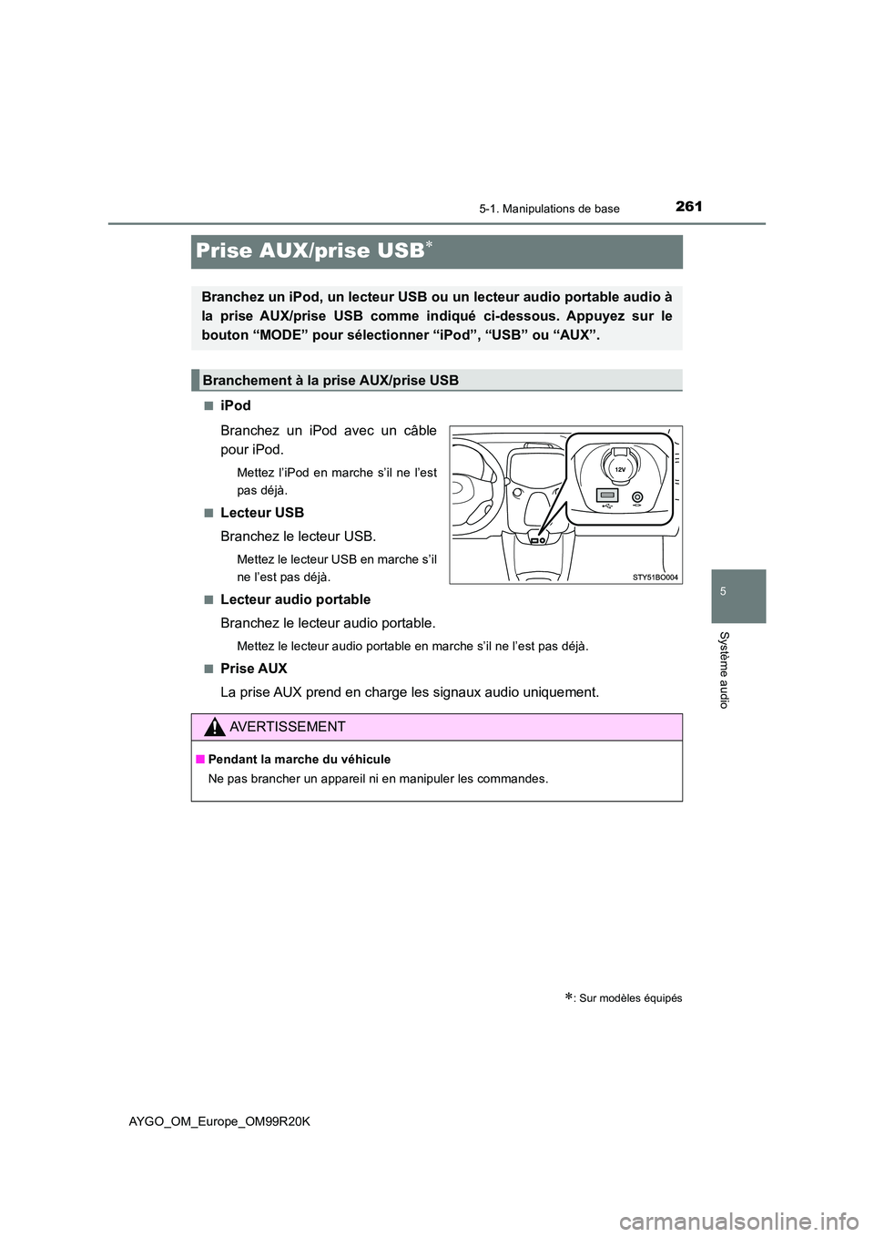 TOYOTA AYGO 2019  Notices Demploi (in French) 261
5
5-1. Manipulations de base
Système audio
AYGO_OM_Europe_OM99R20K
Prise AUX/prise USB
■iPod 
Branchez un iPod avec un câble 
pour iPod.
Mettez l’iPod en marche s’il ne l’est 
pas dé