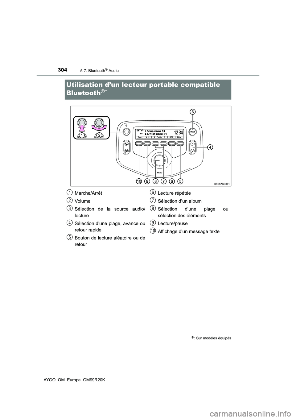 TOYOTA AYGO 2019  Notices Demploi (in French) 3045-7. Bluetooth® Audio
AYGO_OM_Europe_OM99R20K
Utilisation d’un lecteur portable compatible  
Bluetooth® 
: Sur modèles équipés
Marche/Arrêt 
Volume
Sélection de la source audio/ 
lec