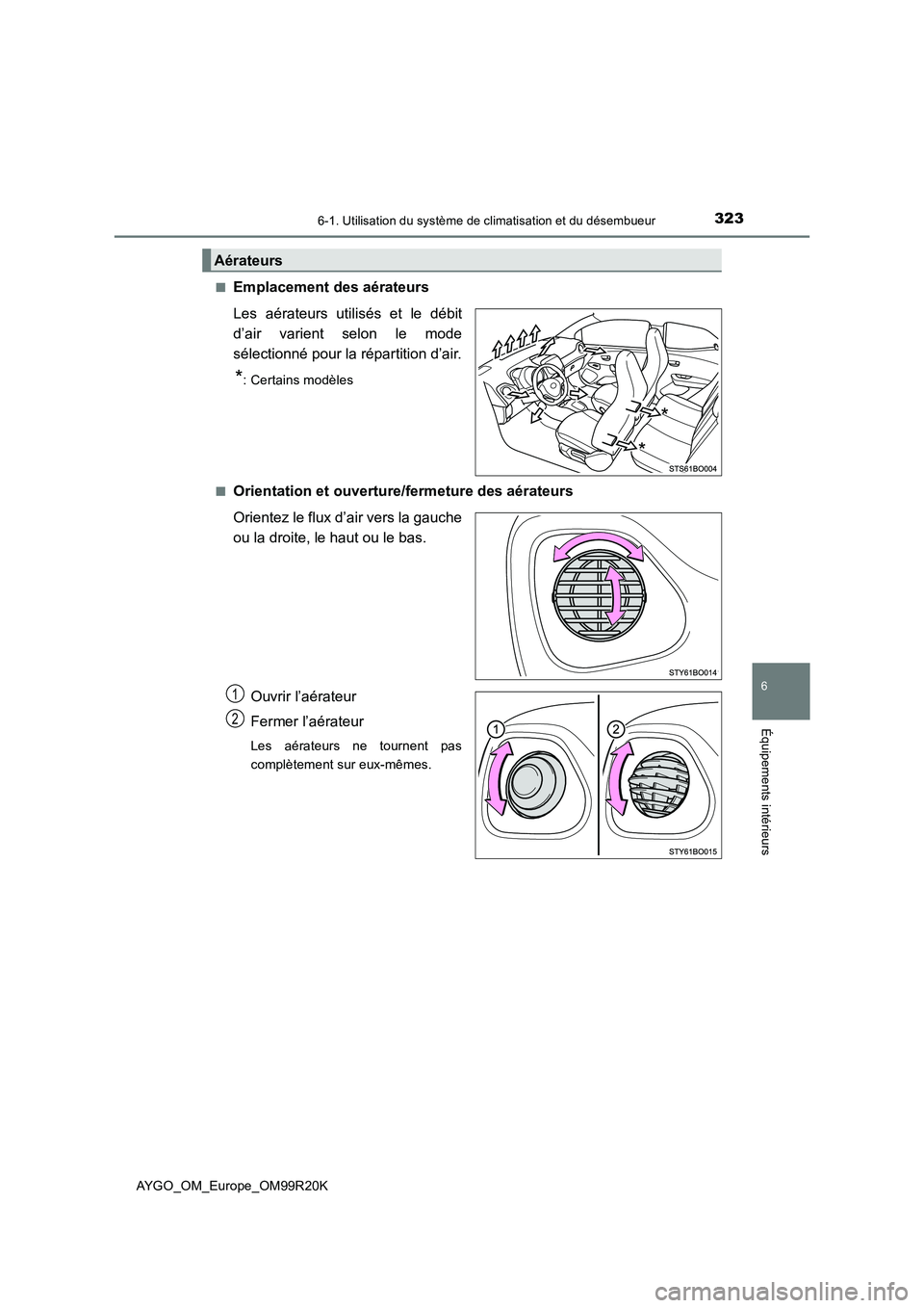 TOYOTA AYGO 2019  Notices Demploi (in French) 3236-1. Utilisation du système de climatisation et du désembueur
6
Équipements intérieurs
AYGO_OM_Europe_OM99R20K 
■Emplacement des aérateurs 
Les aérateurs utilisés et le débit 
d’air var