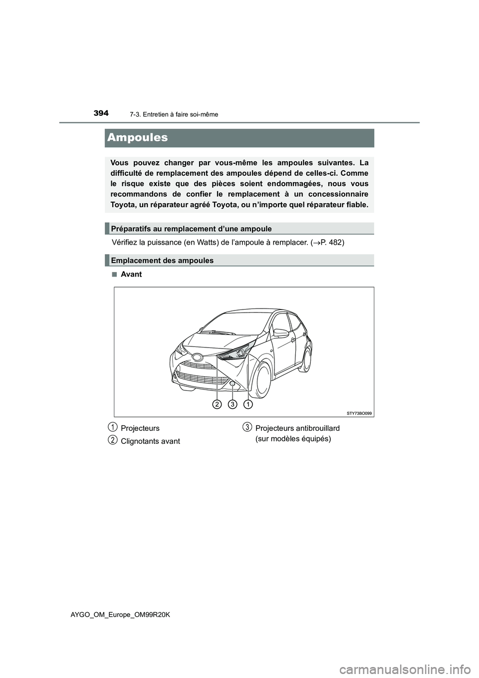 TOYOTA AYGO 2019 Notices Demploi (in French) 3947-3. Entretien à faire soi-même
AYGO_OM_Europe_OM99R20K
Ampoules
Vérifiez la puissance (en Watts) de l’ampoule à remplacer. (P. 482)
■Avant
Vous pouvez changer par vous-même les ampoule TOYOTA AYGO 2019 Notices Demploi (in French) 3947-3. Entretien à faire soi-même
AYGO_OM_Europe_OM99R20K
Ampoules
Vérifiez la puissance (en Watts) de l’ampoule à remplacer. (P. 482)
■Avant
Vous pouvez changer par vous-même les ampoule