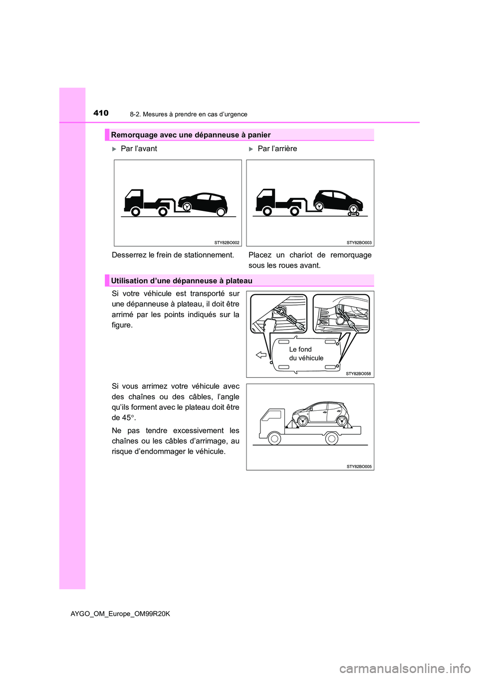 TOYOTA AYGO 2019  Notices Demploi (in French) 4108-2. Mesures à prendre en cas d’urgence
AYGO_OM_Europe_OM99R20K
Si votre véhicule est transporté sur 
une dépanneuse à plateau, il doit être 
arrimé par les points indiqués sur la 
figure