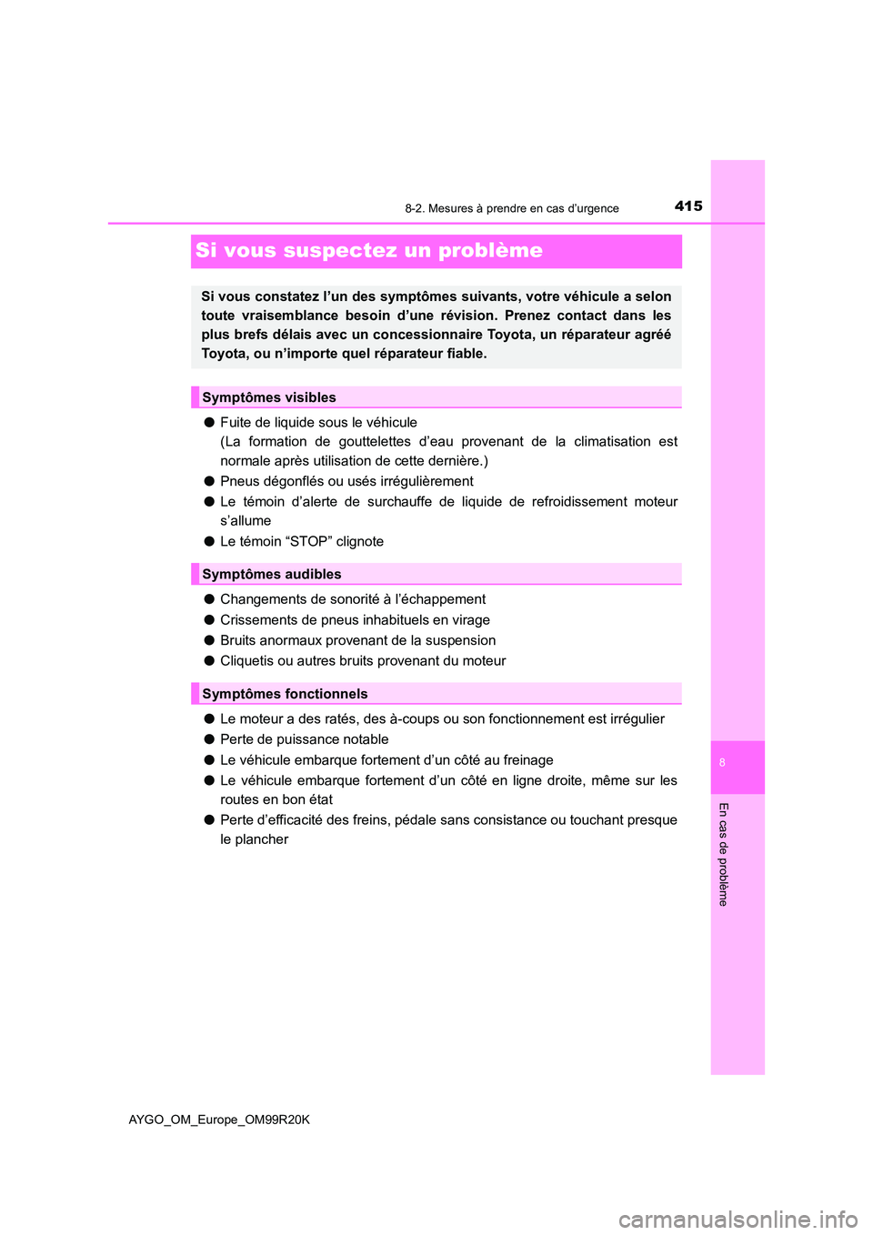 TOYOTA AYGO 2019 Notices Demploi (in French) 4158-2. Mesures à prendre en cas d’urgence
8
En cas de problème
AYGO_OM_Europe_OM99R20K
Si vous suspectez un problème
●Fuite de liquide sous le véhicule
(La formation de gouttelettes d’eau TOYOTA AYGO 2019 Notices Demploi (in French) 4158-2. Mesures à prendre en cas d’urgence
8
En cas de problème
AYGO_OM_Europe_OM99R20K
Si vous suspectez un problème
●Fuite de liquide sous le véhicule
(La formation de gouttelettes d’eau