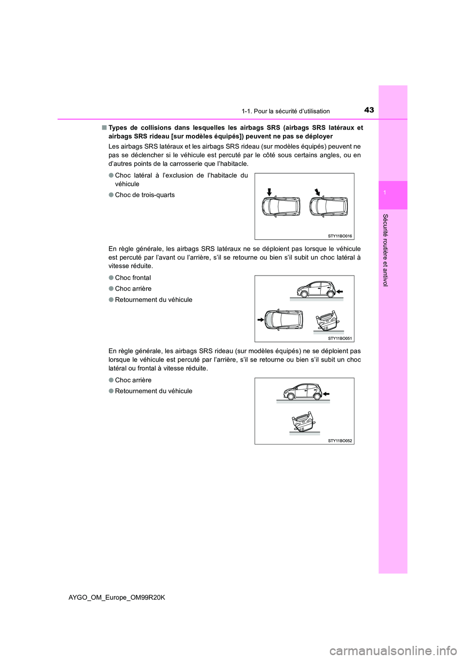 TOYOTA AYGO 2019  Notices Demploi (in French) 431-1. Pour la sécurité d’utilisation
1
Sécurité routière et antivol
AYGO_OM_Europe_OM99R20K 
■ Types de collisions dans lesquelles les airbags SRS (airbags SRS latéraux et 
airbags SRS ride