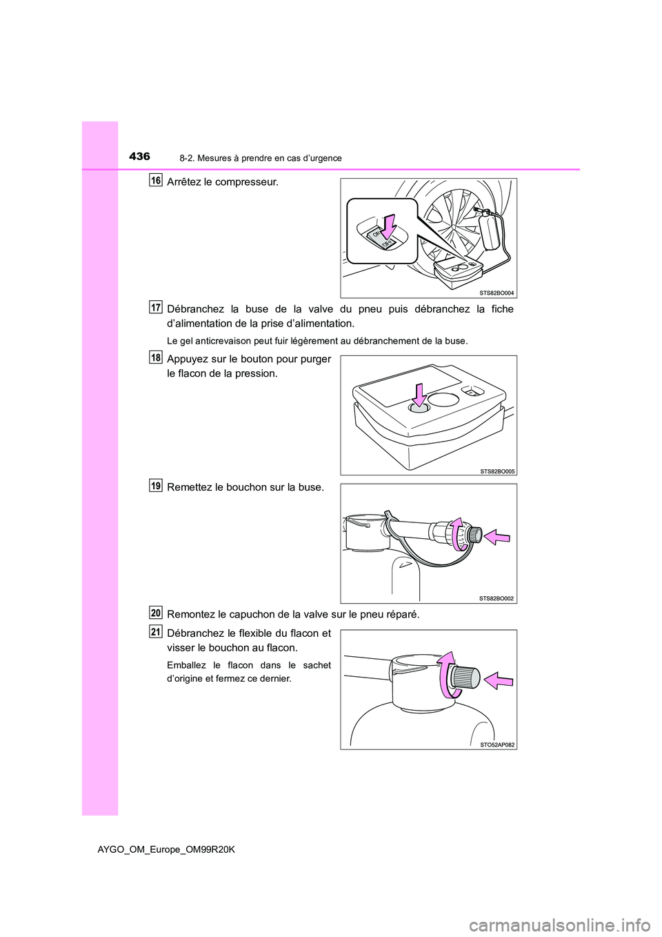 TOYOTA AYGO 2019 Notices Demploi (in French) 4368-2. Mesures à prendre en cas d’urgence
AYGO_OM_Europe_OM99R20K
Arrêtez le compresseur.
Débranchez la buse de la valve du pneu puis débranchez la fiche
d’alimentation de la prise d’alim TOYOTA AYGO 2019 Notices Demploi (in French) 4368-2. Mesures à prendre en cas d’urgence
AYGO_OM_Europe_OM99R20K
Arrêtez le compresseur.
Débranchez la buse de la valve du pneu puis débranchez la fiche
d’alimentation de la prise d’alim