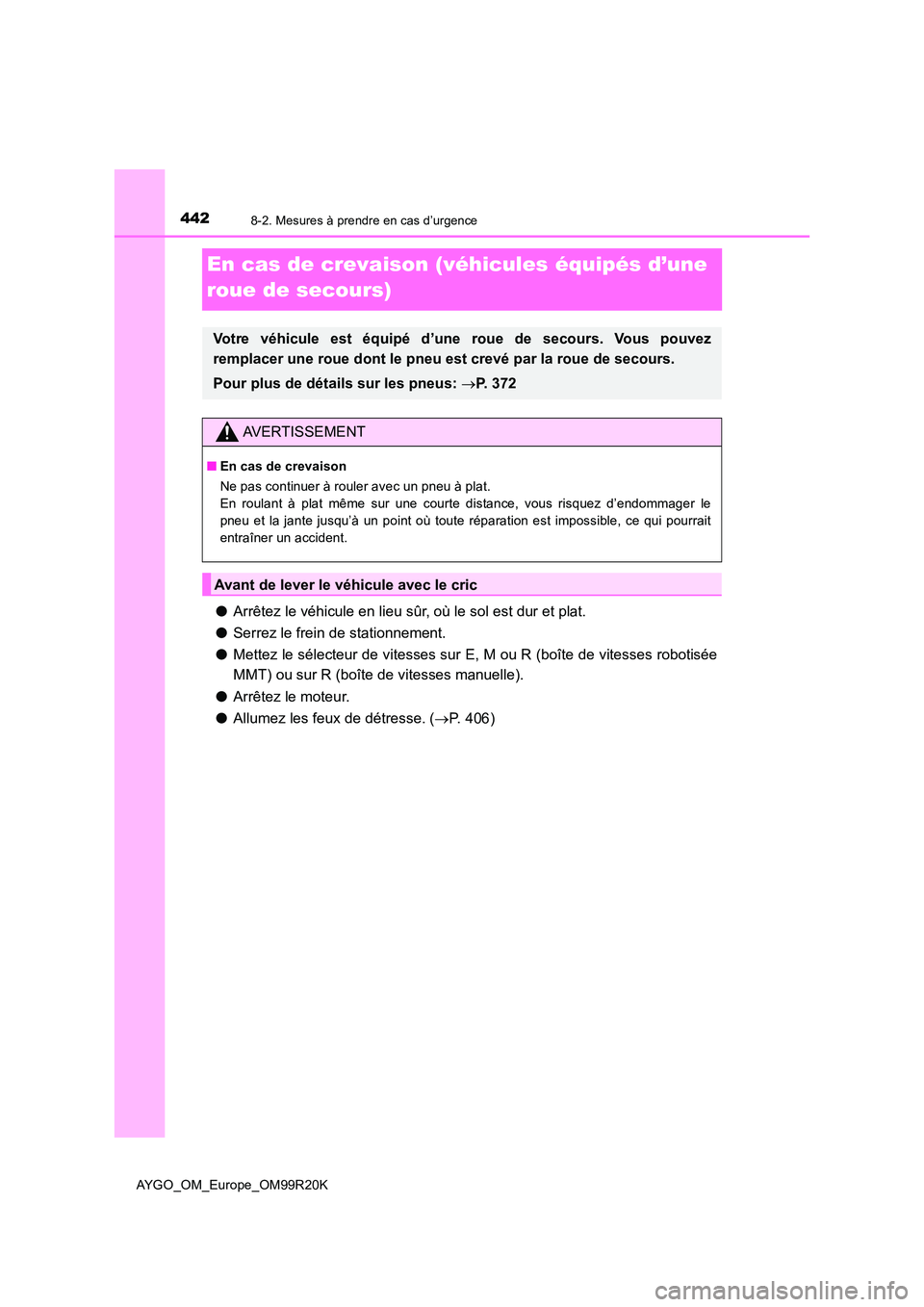 TOYOTA AYGO 2019 Notices Demploi (in French) 4428-2. Mesures à prendre en cas d’urgence
AYGO_OM_Europe_OM99R20K
En cas de crevaison (véhicules équipés d’une
roue de secours)
● Arrêtez le véhicule en lieu sûr, où le sol est dur et TOYOTA AYGO 2019 Notices Demploi (in French) 4428-2. Mesures à prendre en cas d’urgence
AYGO_OM_Europe_OM99R20K
En cas de crevaison (véhicules équipés d’une
roue de secours)
● Arrêtez le véhicule en lieu sûr, où le sol est dur et
