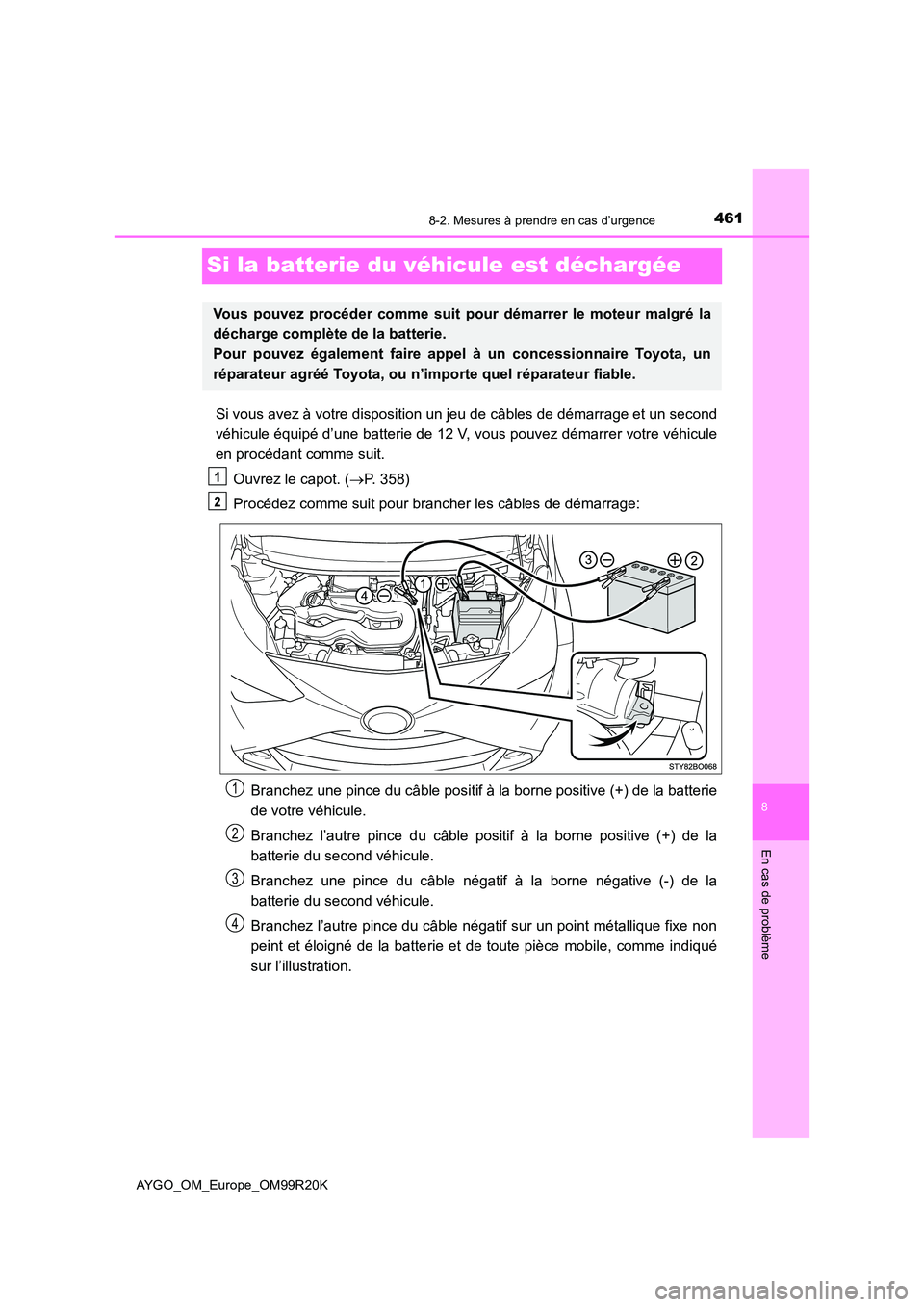 TOYOTA AYGO 2019 Notices Demploi (in French) 4618-2. Mesures à prendre en cas d’urgence
8
En cas de problème
AYGO_OM_Europe_OM99R20K
Si la batterie du véhicule est déchargée
Si vous avez à votre disposition un jeu de câbles de démarrag TOYOTA AYGO 2019 Notices Demploi (in French) 4618-2. Mesures à prendre en cas d’urgence
8
En cas de problème
AYGO_OM_Europe_OM99R20K
Si la batterie du véhicule est déchargée
Si vous avez à votre disposition un jeu de câbles de démarrag
