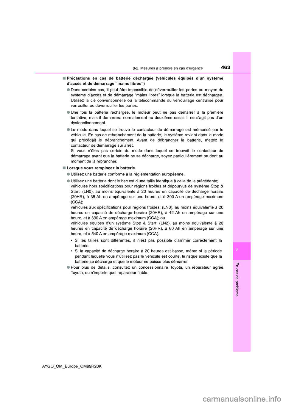 TOYOTA AYGO 2019 Notices Demploi (in French) 4638-2. Mesures à prendre en cas d’urgence
8
En cas de problème
AYGO_OM_Europe_OM99R20K
■ Précautions en cas de batterie déchargée (véhicules équipés d’un système
d’accès et de dé TOYOTA AYGO 2019 Notices Demploi (in French) 4638-2. Mesures à prendre en cas d’urgence
8
En cas de problème
AYGO_OM_Europe_OM99R20K
■ Précautions en cas de batterie déchargée (véhicules équipés d’un système
d’accès et de dé