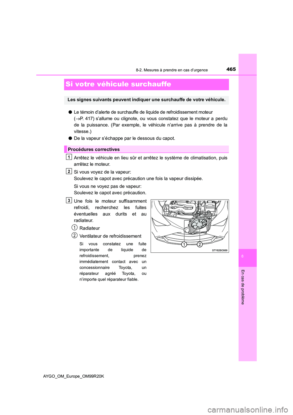 TOYOTA AYGO 2019 Notices Demploi (in French) 4658-2. Mesures à prendre en cas d’urgence
8
En cas de problème
AYGO_OM_Europe_OM99R20K
Si votre véhicule surchauffe
●Le témoin d’alerte de surchauffe de liquide de refroidissement moteur
TOYOTA AYGO 2019 Notices Demploi (in French) 4658-2. Mesures à prendre en cas d’urgence
8
En cas de problème
AYGO_OM_Europe_OM99R20K
Si votre véhicule surchauffe
●Le témoin d’alerte de surchauffe de liquide de refroidissement moteur