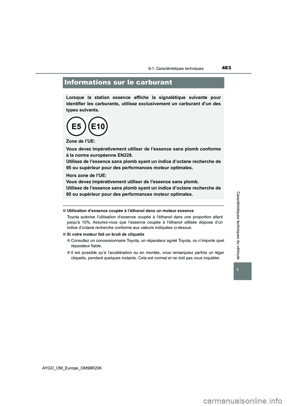 TOYOTA AYGO 2019 Notices Demploi (in French) 4839-1. Caractéristiques techniques
AYGO_OM_Europe_OM99R20K
9
Caractéristiques techniques du véhicule
Informations sur le carburant
■Utilisation d’essence coupée à l’éthanol dans un moteur TOYOTA AYGO 2019 Notices Demploi (in French) 4839-1. Caractéristiques techniques
AYGO_OM_Europe_OM99R20K
9
Caractéristiques techniques du véhicule
Informations sur le carburant
■Utilisation d’essence coupée à l’éthanol dans un moteur