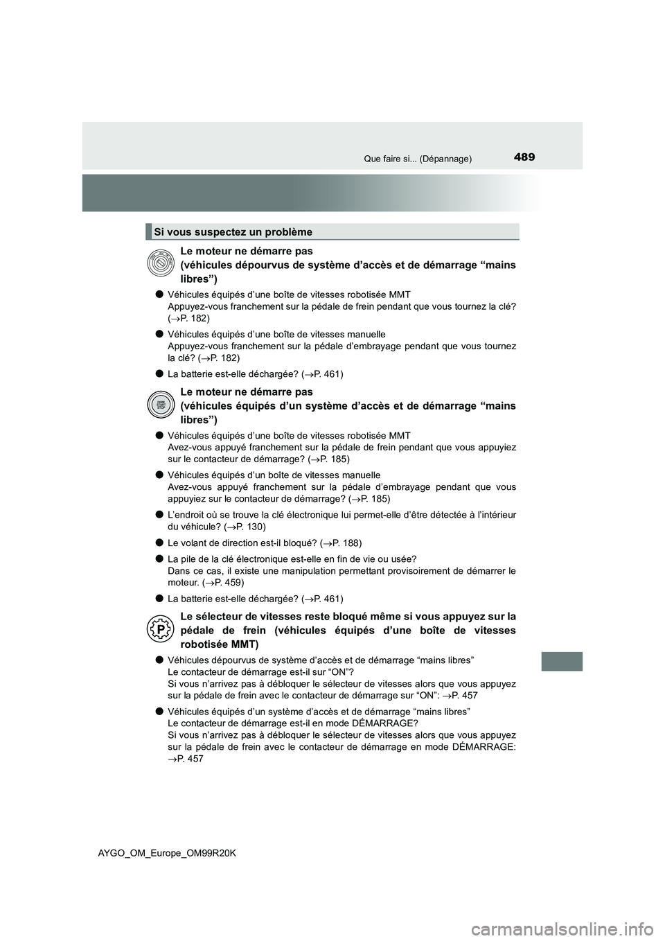 TOYOTA AYGO 2019 Notices Demploi (in French) 489Que faire si... (Dépannage)
AYGO_OM_Europe_OM99R20K
●Véhicules équipés d’une boîte de vitesses robotisée MMT
Appuyez-vous franchement sur la pédale de frein pendant que vous tournez la TOYOTA AYGO 2019 Notices Demploi (in French) 489Que faire si... (Dépannage)
AYGO_OM_Europe_OM99R20K
●Véhicules équipés d’une boîte de vitesses robotisée MMT
Appuyez-vous franchement sur la pédale de frein pendant que vous tournez la
