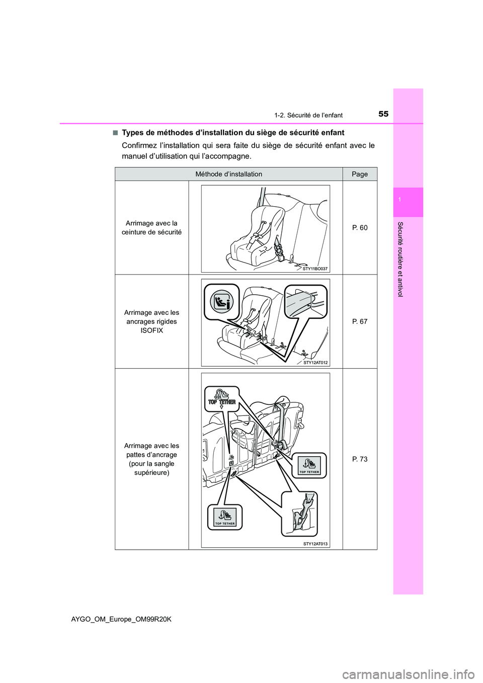 TOYOTA AYGO 2019 Notices Demploi (in French) 551-2. Sécurité de l’enfant
1
Sécurité routière et antivol
AYGO_OM_Europe_OM99R20K
■Types de méthodes d’installation du siège de sécurité enfant
Confirmez l’installation qui sera fa TOYOTA AYGO 2019 Notices Demploi (in French) 551-2. Sécurité de l’enfant
1
Sécurité routière et antivol
AYGO_OM_Europe_OM99R20K
■Types de méthodes d’installation du siège de sécurité enfant
Confirmez l’installation qui sera fa