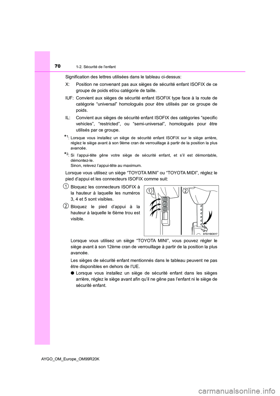 TOYOTA AYGO 2019 Notices Demploi (in French) 701-2. Sécurité de l’enfant
AYGO_OM_Europe_OM99R20K
Signification des lettres utilisées dans le tableau ci-dessus:
X: Position ne convenant pas aux sièges de sécurité enfant ISOFIX de ce
gro TOYOTA AYGO 2019 Notices Demploi (in French) 701-2. Sécurité de l’enfant
AYGO_OM_Europe_OM99R20K
Signification des lettres utilisées dans le tableau ci-dessus:
X: Position ne convenant pas aux sièges de sécurité enfant ISOFIX de ce
gro