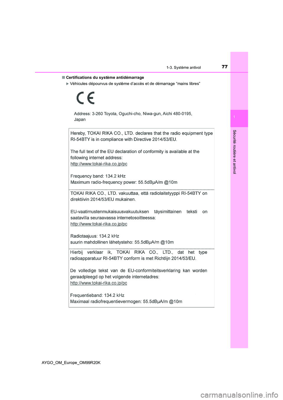 TOYOTA AYGO 2019  Notices Demploi (in French) 771-3. Système antivol
1
Sécurité routière et antivol
AYGO_OM_Europe_OM99R20K 
■ Certifications du système antidémarrage
Véhicules dépourvus de système d’accès et de démarrage “mai