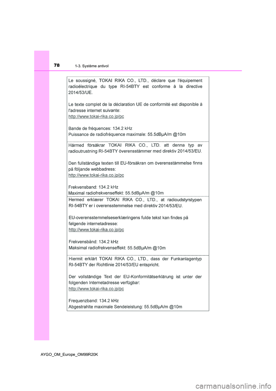 TOYOTA AYGO 2019  Notices Demploi (in French) 781-3. Système antivol
AYGO_OM_Europe_OM99R20K 
