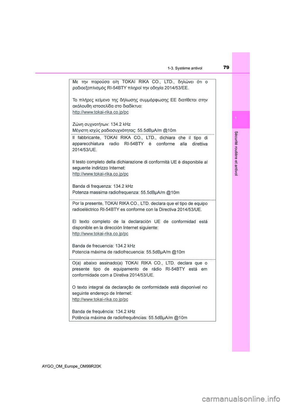 TOYOTA AYGO 2019  Notices Demploi (in French) 791-3. Système antivol
1
Sécurité routière et antivol
AYGO_OM_Europe_OM99R20K 