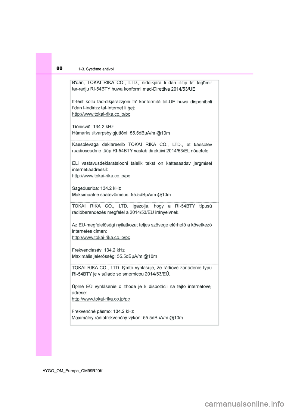 TOYOTA AYGO 2019  Notices Demploi (in French) 801-3. Système antivol
AYGO_OM_Europe_OM99R20K 