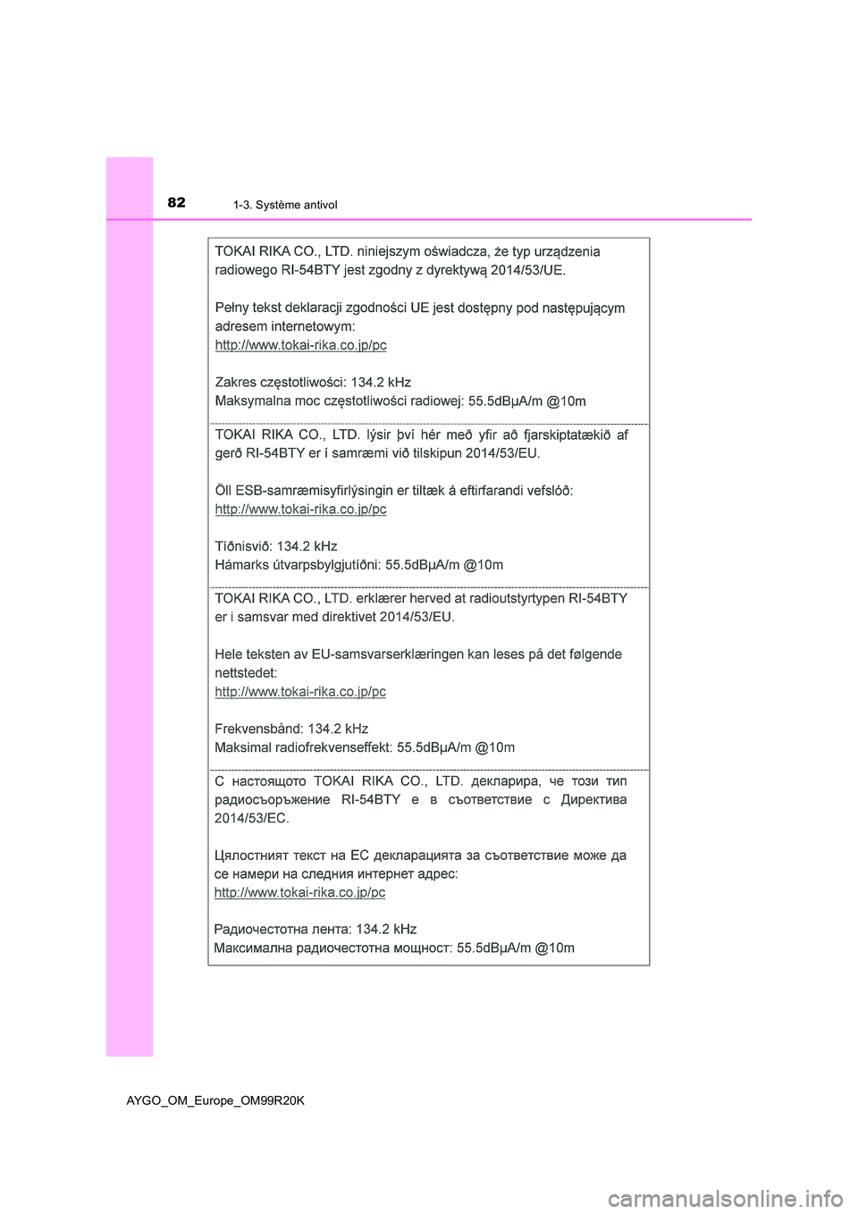 TOYOTA AYGO 2019 Notices Demploi (in French) 821-3. Système antivol
AYGO_OM_Europe_OM99R20K TOYOTA AYGO 2019 Notices Demploi (in French) 821-3. Système antivol
AYGO_OM_Europe_OM99R20K
