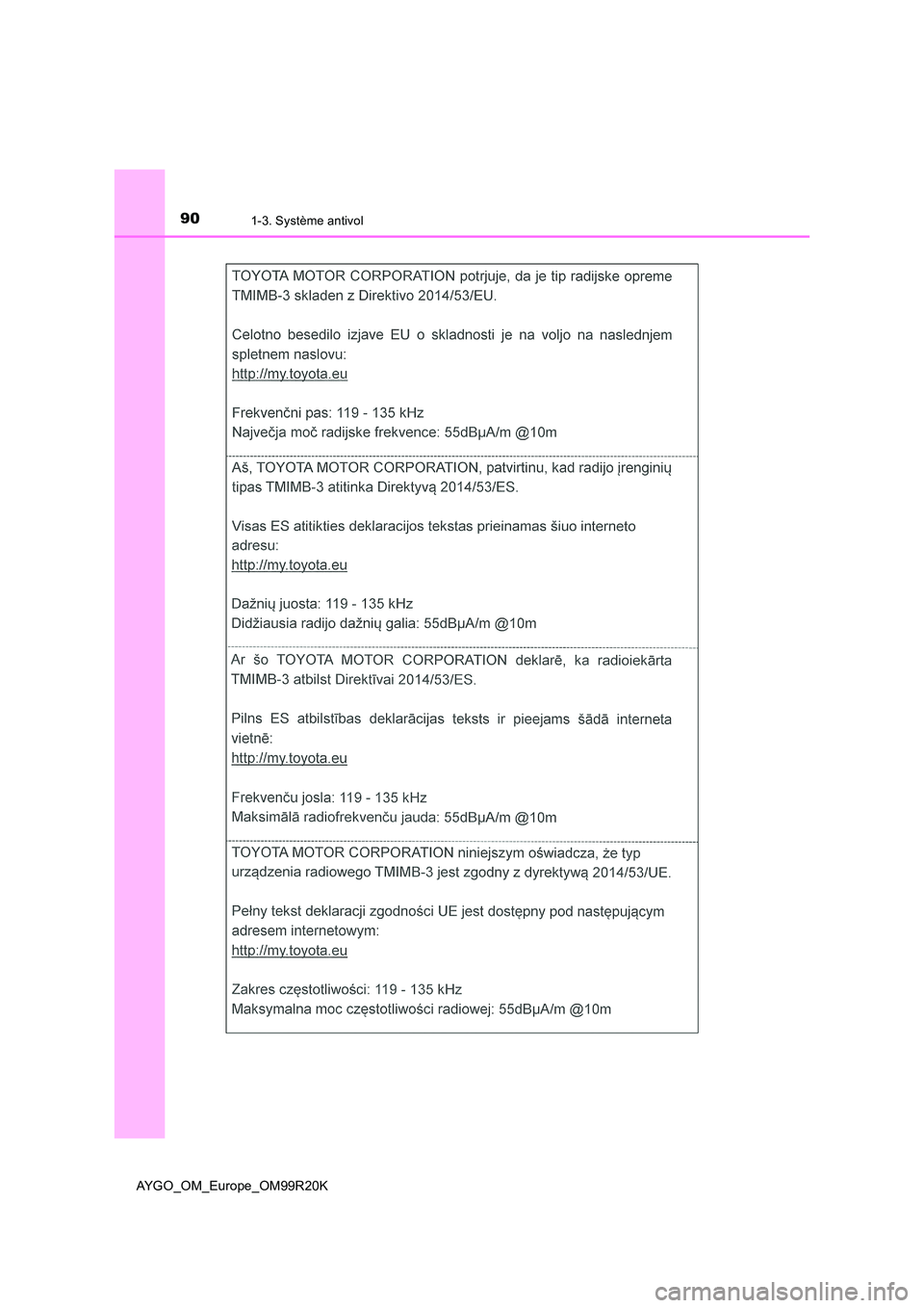 TOYOTA AYGO 2019 Notices Demploi (in French) 901-3. Système antivol
AYGO_OM_Europe_OM99R20K TOYOTA AYGO 2019 Notices Demploi (in French) 901-3. Système antivol
AYGO_OM_Europe_OM99R20K