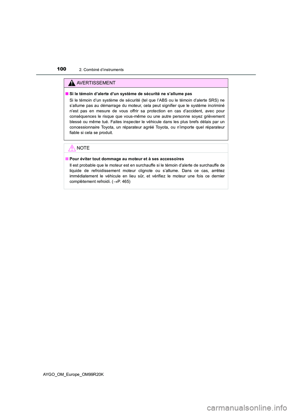TOYOTA AYGO 2019  Notices Demploi (in French) 1002. Combiné d’instruments
AYGO_OM_Europe_OM99R20K
AVERTISSEMENT
■Si le témoin d’alerte d’un système de sécurité ne s’allume pas  
Si le témoin d’un système de sécurité (tel que 