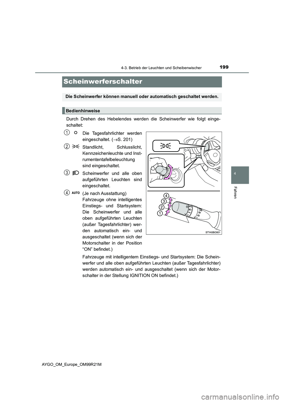 TOYOTA AYGO 2019 Betriebsanleitungen (in German) 199
4
4-3. Betrieb der Leuchten und Scheibenwischer
Fahren
AYGO_OM_Europe_OM99R21M
Scheinwerferschalter
Durch Drehen des Hebelendes werden die Scheinwerfer wie folgt einge-
schaltet:
Die Tagesfahrli TOYOTA AYGO 2019 Betriebsanleitungen (in German) 199
4
4-3. Betrieb der Leuchten und Scheibenwischer
Fahren
AYGO_OM_Europe_OM99R21M
Scheinwerferschalter
Durch Drehen des Hebelendes werden die Scheinwerfer wie folgt einge-
schaltet:
Die Tagesfahrli