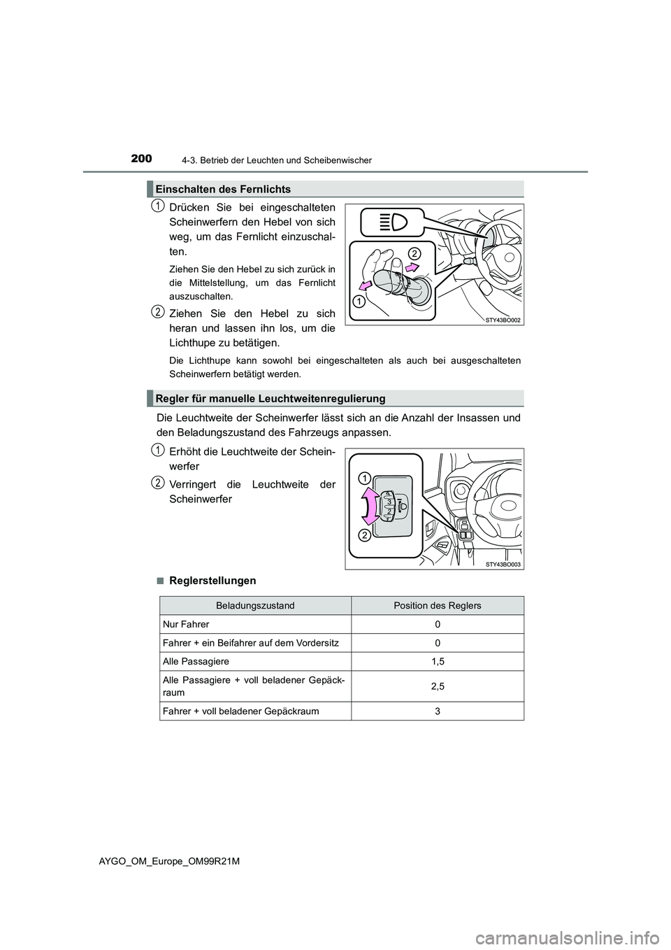 TOYOTA AYGO 2019 Betriebsanleitungen (in German) 2004-3. Betrieb der Leuchten und Scheibenwischer
AYGO_OM_Europe_OM99R21M
Drücken Sie bei eingeschalteten
Scheinwerfern den Hebel von sich
weg, um das Fernlicht einzuschal-
ten.
Ziehen Sie den Hebe TOYOTA AYGO 2019 Betriebsanleitungen (in German) 2004-3. Betrieb der Leuchten und Scheibenwischer
AYGO_OM_Europe_OM99R21M
Drücken Sie bei eingeschalteten
Scheinwerfern den Hebel von sich
weg, um das Fernlicht einzuschal-
ten.
Ziehen Sie den Hebe