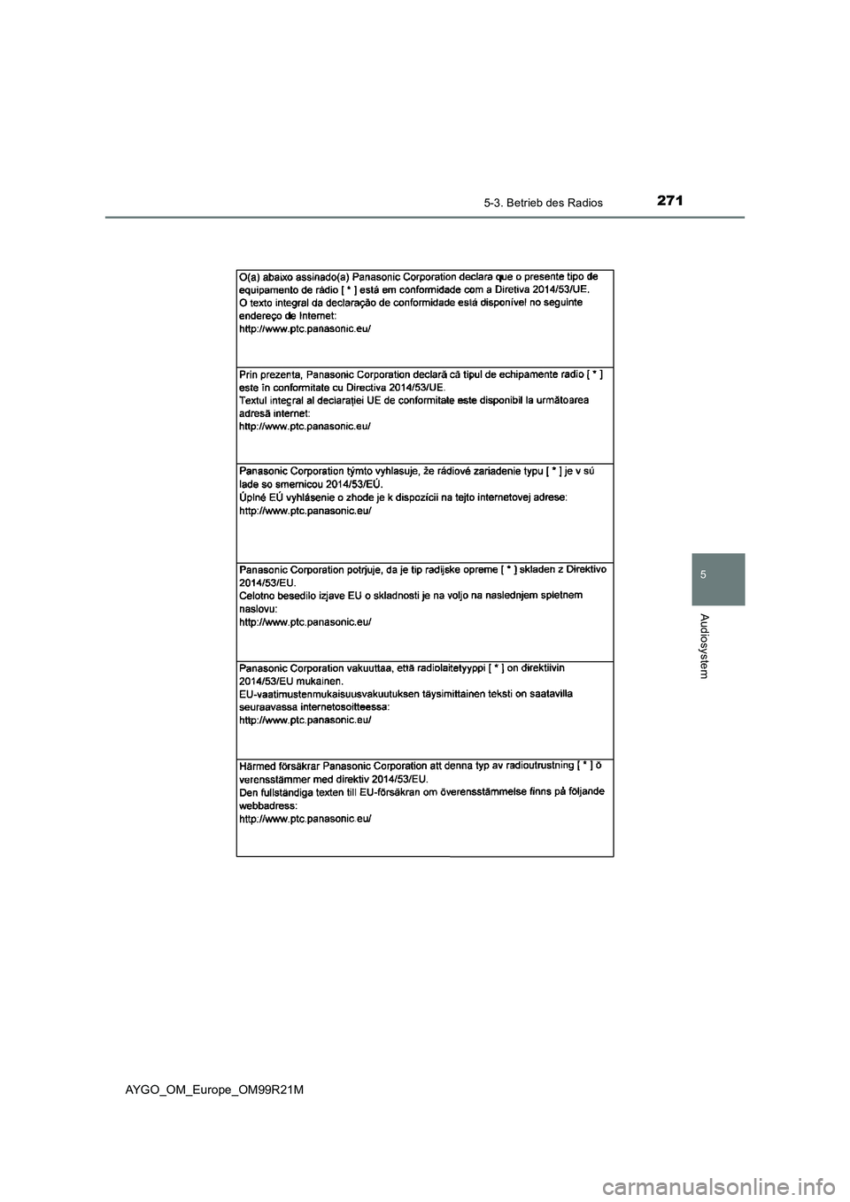 TOYOTA AYGO 2019 Betriebsanleitungen (in German) 2715-3. Betrieb des Radios
5
Audiosystem
AYGO_OM_Europe_OM99R21M TOYOTA AYGO 2019 Betriebsanleitungen (in German) 2715-3. Betrieb des Radios
5
Audiosystem
AYGO_OM_Europe_OM99R21M