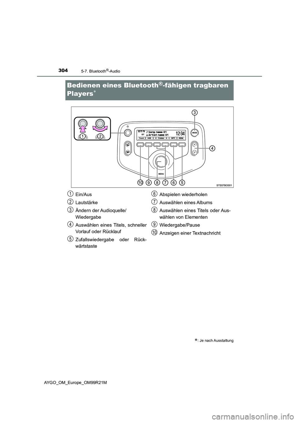 TOYOTA AYGO 2019 Betriebsanleitungen (in German) 3045-7. Bluetooth®-Audio
AYGO_OM_Europe_OM99R21M
Bedienen eines Bluetooth®-fähigen tragbaren
Players
: Je nach Ausstattung
Ein/Aus
Lautstärke
Ändern der Audioquelle/
Wiedergabe
Auswäh TOYOTA AYGO 2019 Betriebsanleitungen (in German) 3045-7. Bluetooth®-Audio
AYGO_OM_Europe_OM99R21M
Bedienen eines Bluetooth®-fähigen tragbaren
Players
: Je nach Ausstattung
Ein/Aus
Lautstärke
Ändern der Audioquelle/
Wiedergabe
Auswäh
