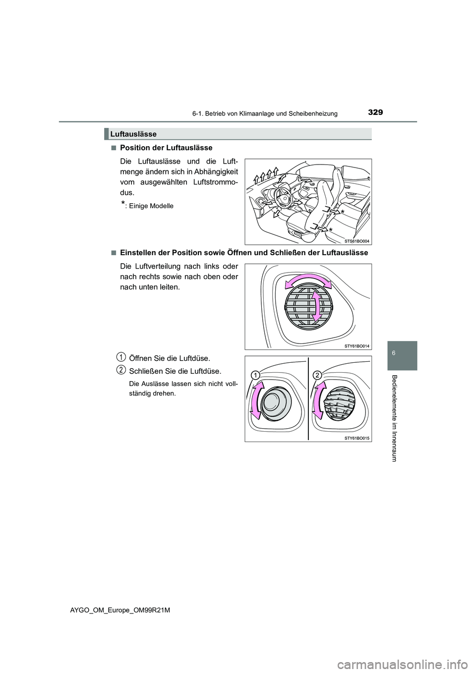 TOYOTA AYGO 2019  Betriebsanleitungen (in German) 3296-1. Betrieb von Klimaanlage und Scheibenheizung
6
Bedienelemente im Innenraum
AYGO_OM_Europe_OM99R21M 
■Position der Luftauslässe 
Die Luftauslässe und die Luft- 
menge ändern sich in Abhäng