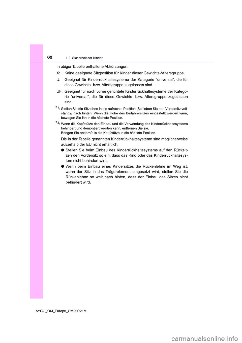 TOYOTA AYGO 2019 Betriebsanleitungen (in German) 621-2. Sicherheit der Kinder
AYGO_OM_Europe_OM99R21M
In obiger Tabelle enthaltene Abkürzungen:
X: Keine geeignete Sitzposition für Kinder dieser Gewichts-/Altersgruppe.
U: Geeignet für Kinderrüc TOYOTA AYGO 2019 Betriebsanleitungen (in German) 621-2. Sicherheit der Kinder
AYGO_OM_Europe_OM99R21M
In obiger Tabelle enthaltene Abkürzungen:
X: Keine geeignete Sitzposition für Kinder dieser Gewichts-/Altersgruppe.
U: Geeignet für Kinderrüc
