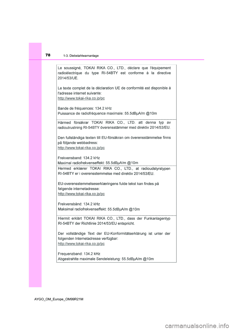 TOYOTA AYGO 2019  Betriebsanleitungen (in German) 781-3. Diebstahlwarnanlage
AYGO_OM_Europe_OM99R21M 