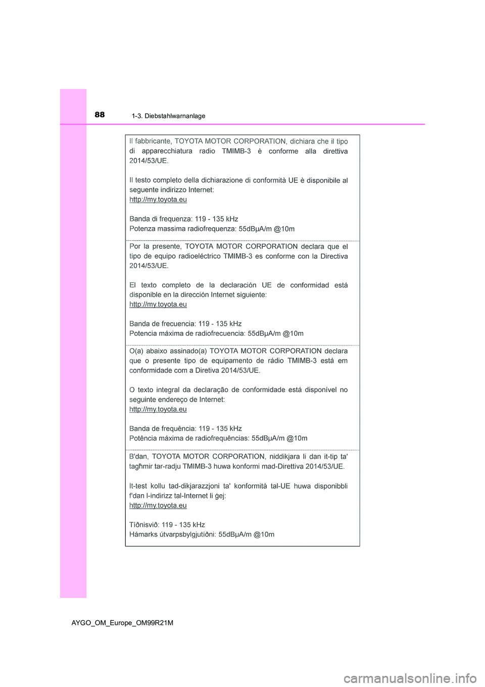 TOYOTA AYGO 2019 Betriebsanleitungen (in German) 881-3. Diebstahlwarnanlage
AYGO_OM_Europe_OM99R21M TOYOTA AYGO 2019 Betriebsanleitungen (in German) 881-3. Diebstahlwarnanlage
AYGO_OM_Europe_OM99R21M