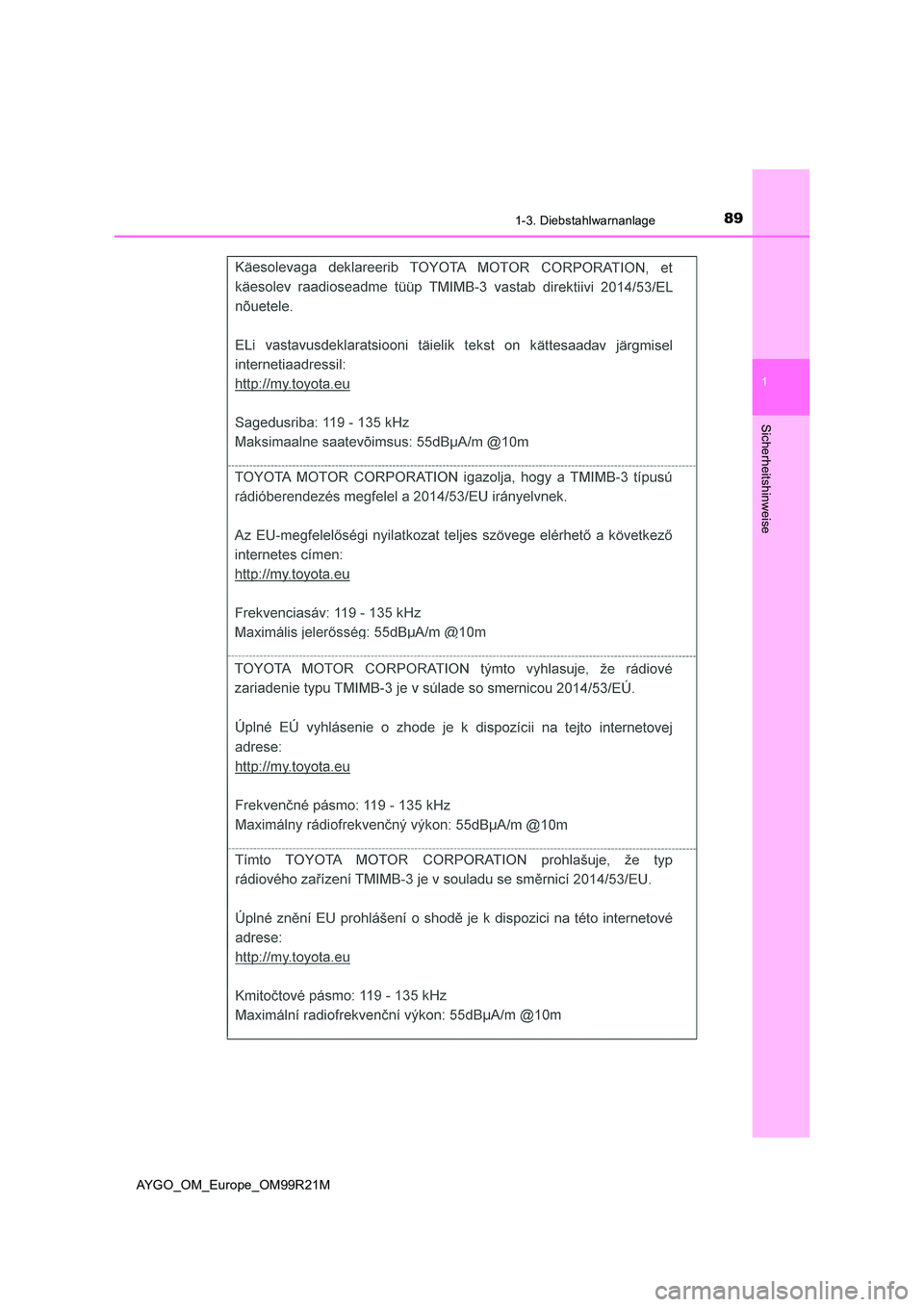 TOYOTA AYGO 2019 Betriebsanleitungen (in German) 891-3. Diebstahlwarnanlage
1
Sicherheitshinweise
AYGO_OM_Europe_OM99R21M TOYOTA AYGO 2019 Betriebsanleitungen (in German) 891-3. Diebstahlwarnanlage
1
Sicherheitshinweise
AYGO_OM_Europe_OM99R21M