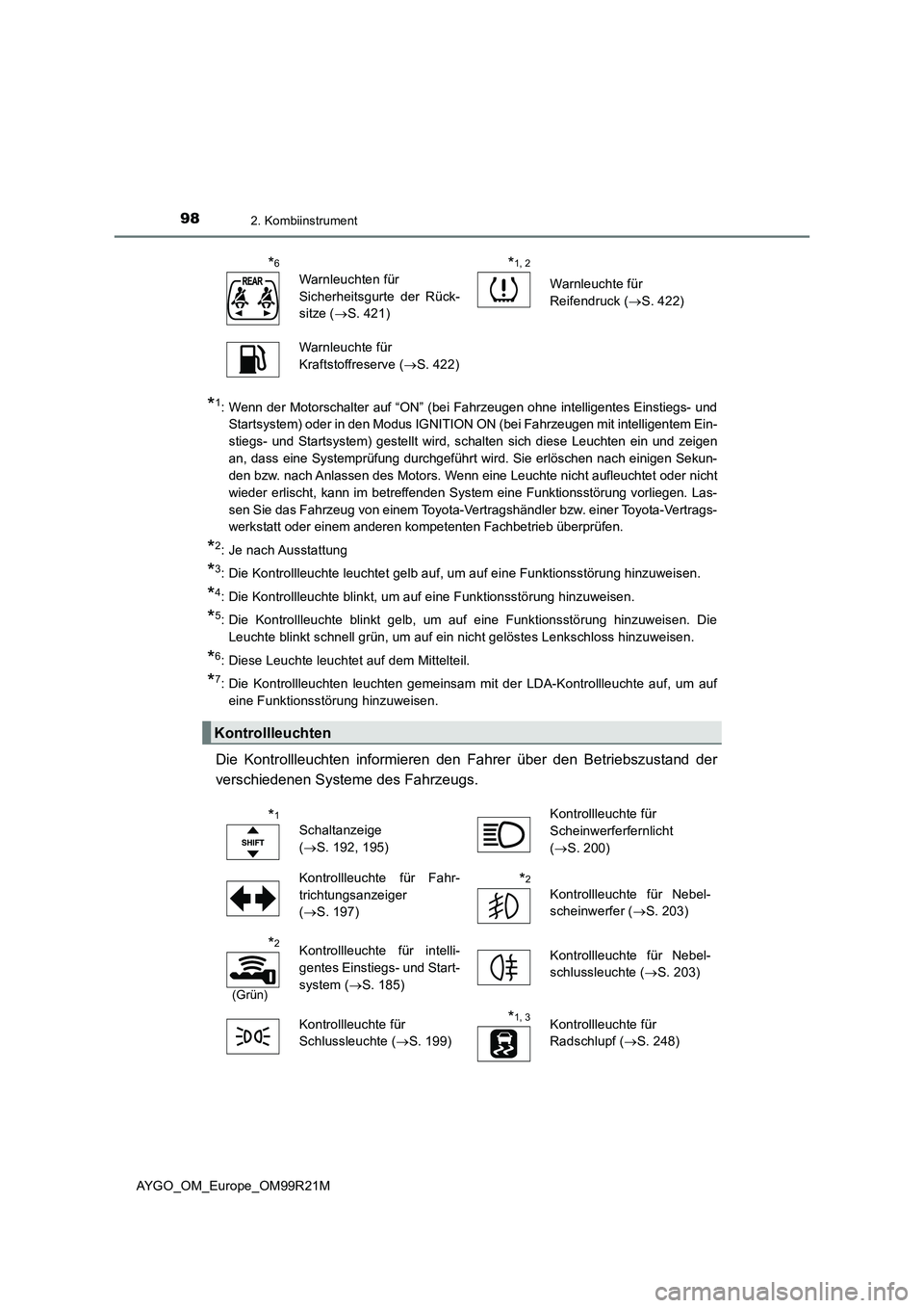 TOYOTA AYGO 2019 Betriebsanleitungen (in German) 982. Kombiinstrument
AYGO_OM_Europe_OM99R21M
*1: Wenn der Motorschalter auf “ON” (bei Fahrzeugen ohne intelligentes Einstiegs- und
Startsystem) oder in den Modus IGNITION ON (bei Fahrzeugen mit i TOYOTA AYGO 2019 Betriebsanleitungen (in German) 982. Kombiinstrument
AYGO_OM_Europe_OM99R21M
*1: Wenn der Motorschalter auf “ON” (bei Fahrzeugen ohne intelligentes Einstiegs- und
Startsystem) oder in den Modus IGNITION ON (bei Fahrzeugen mit i